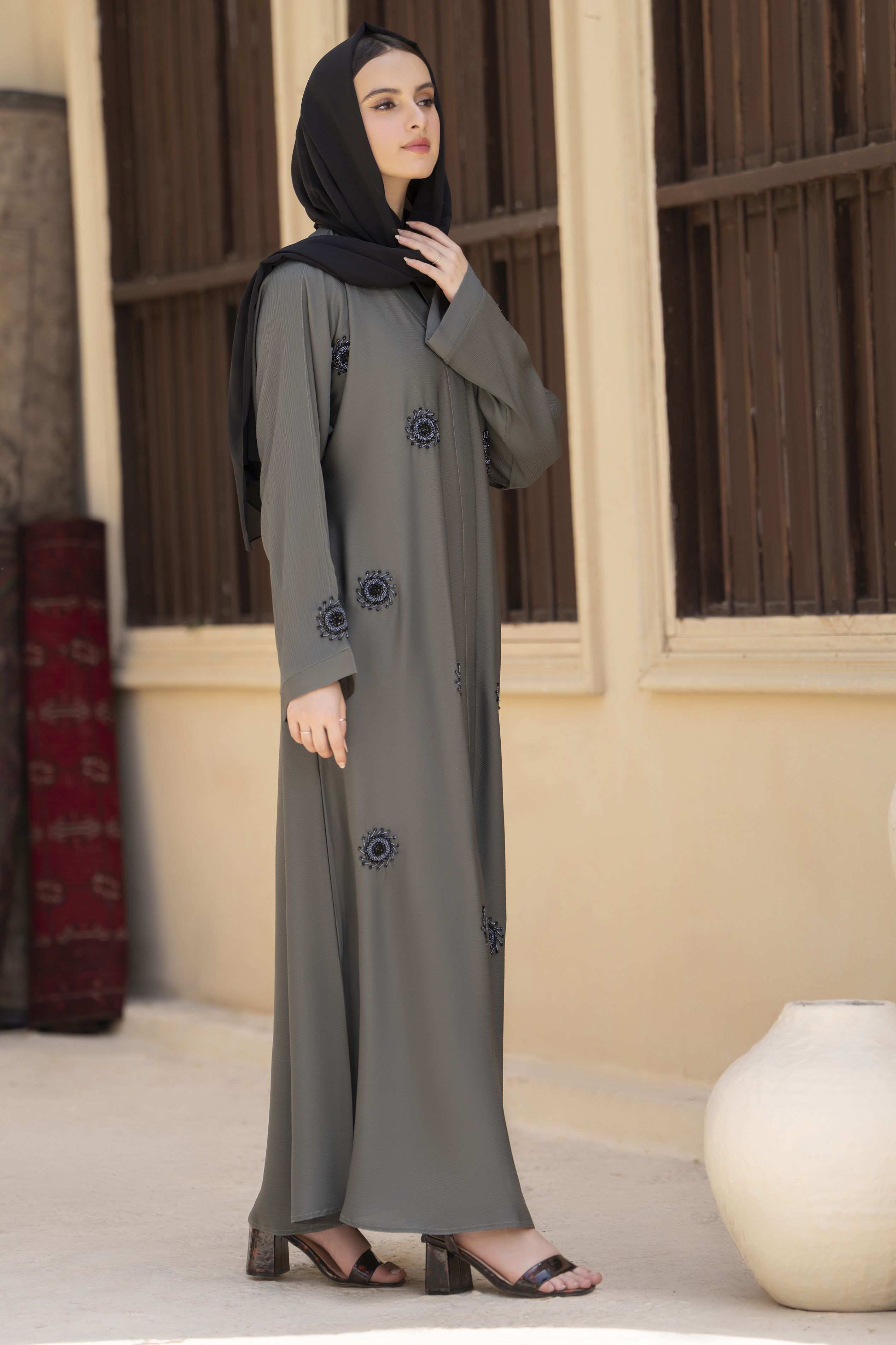 Zaina Veil of Grace – Hand Embellished Olive Grey Abaya ZVG9