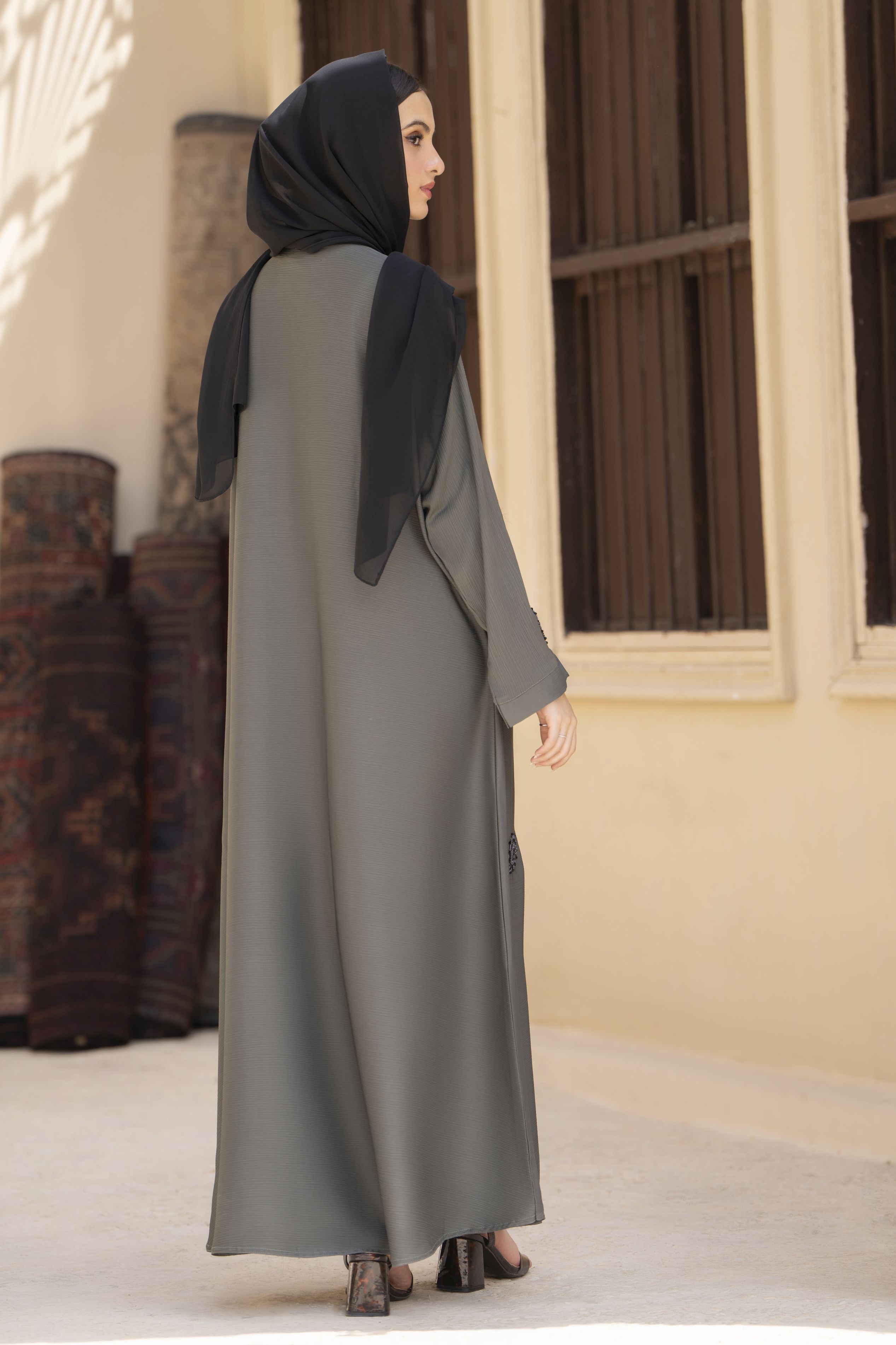 Zaina Veil of Grace – Hand Embellished Olive Grey Abaya ZVG9