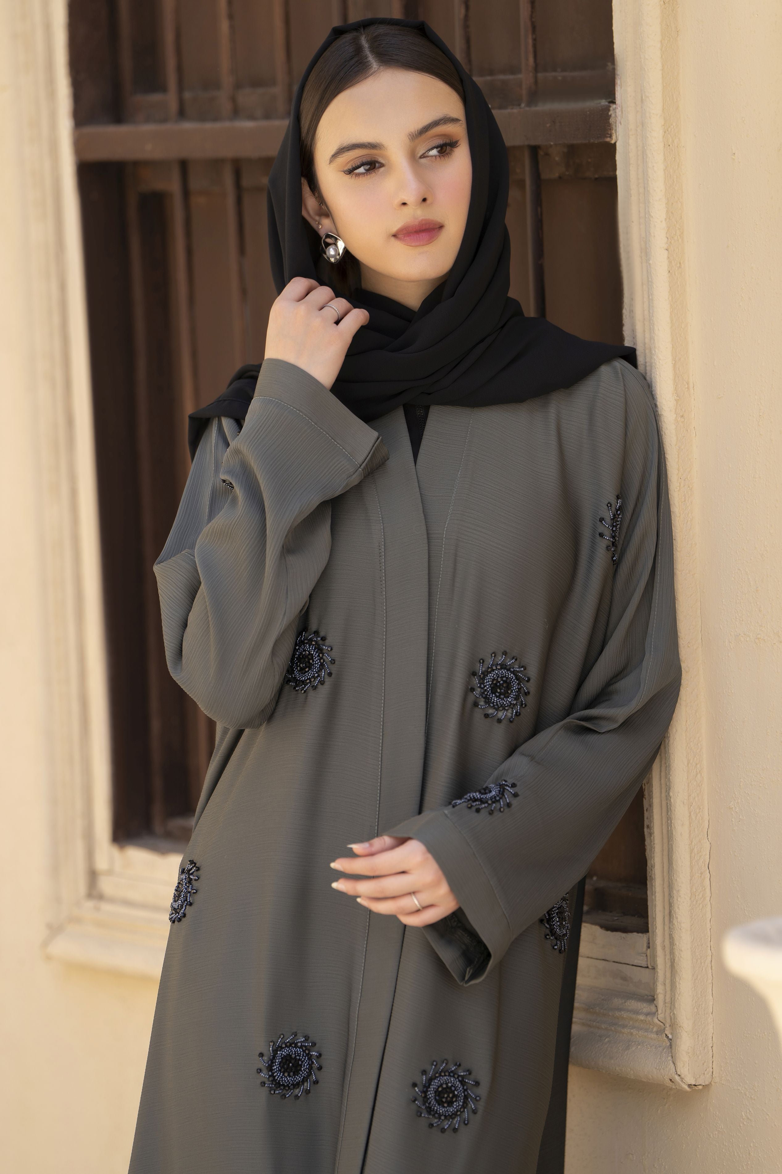 Zaina Veil of Grace – Hand Embellished Olive Grey Abaya ZVG9