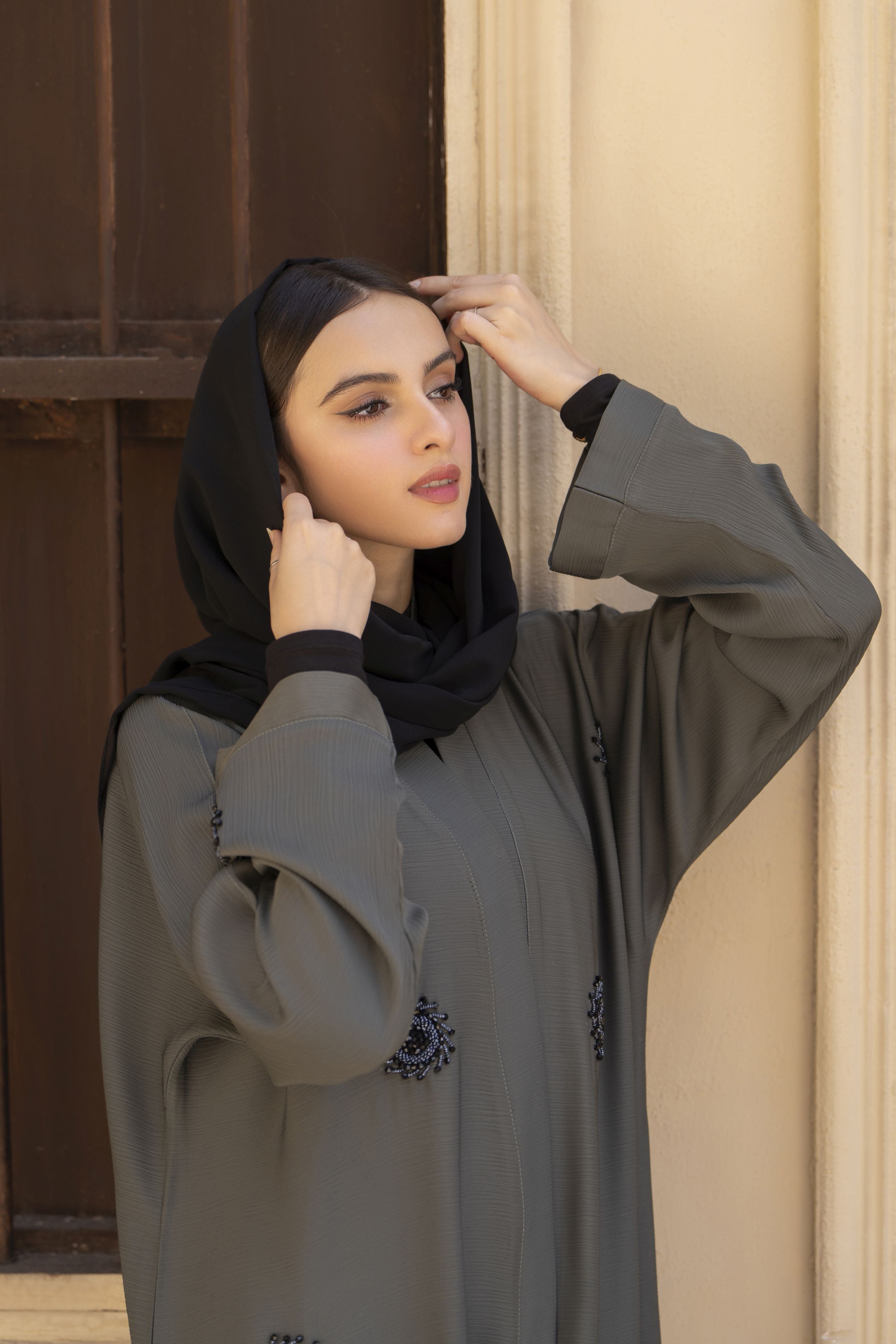 Zaina Veil of Grace – Hand Embellished Olive Grey Abaya ZVG9