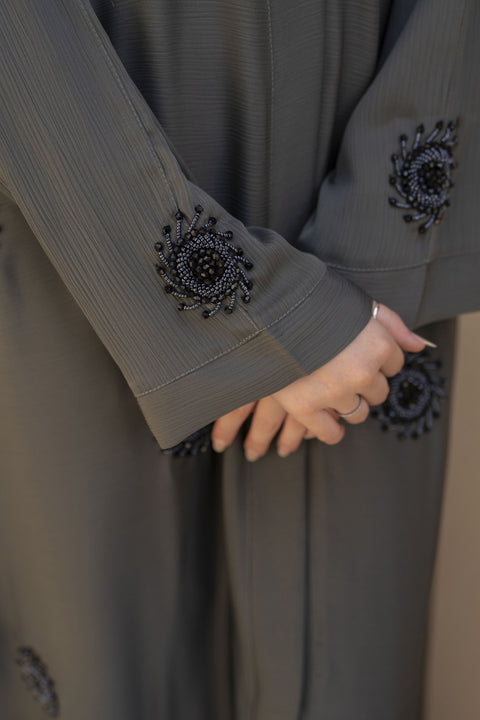Zaina Veil of Grace – Hand Embellished Olive Grey Abaya ZVG9