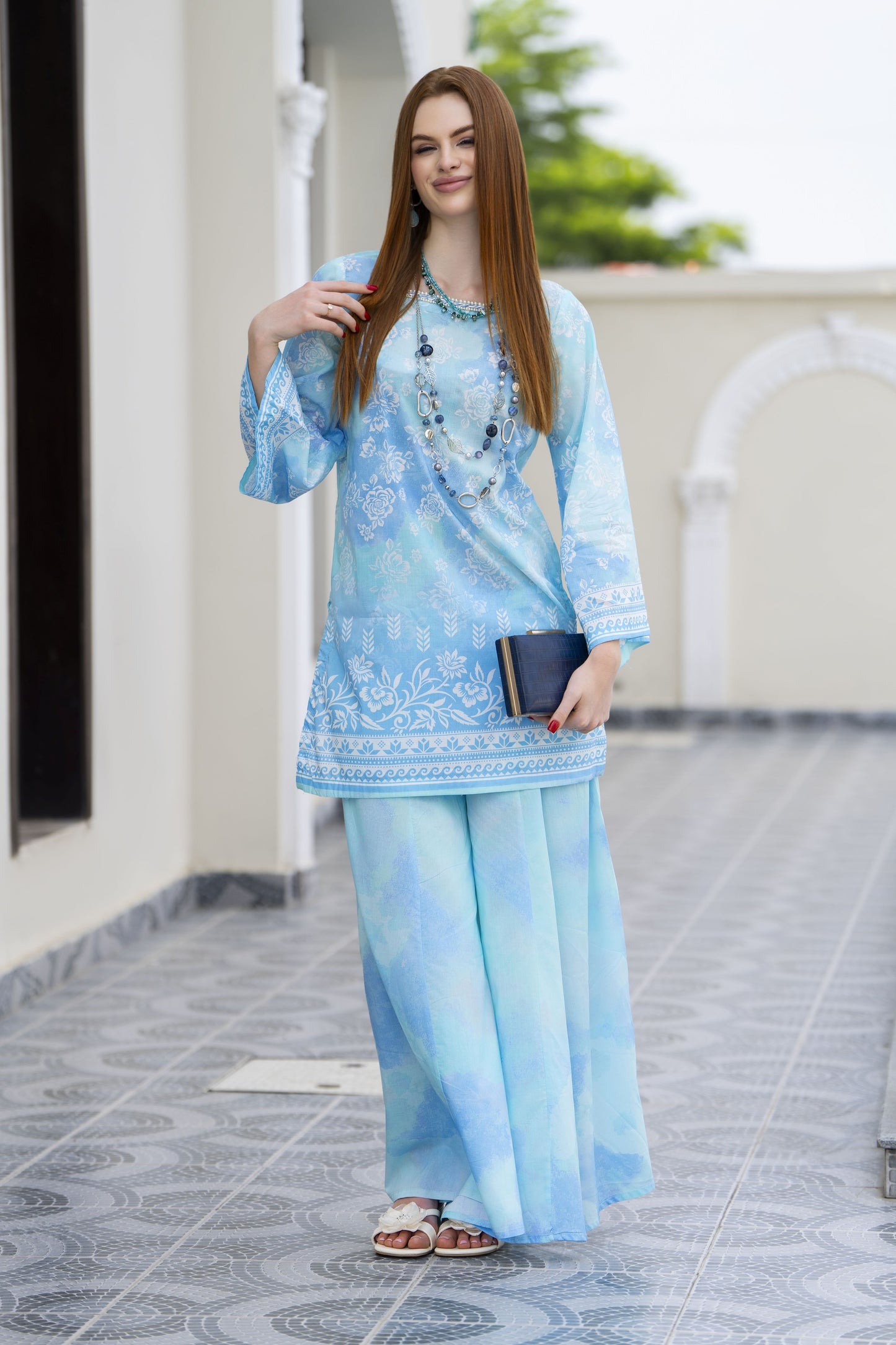 Zaiwa Aqua Blue 2pc Printed Lawn Sharara Suit with Handmade Neckline – DZ9