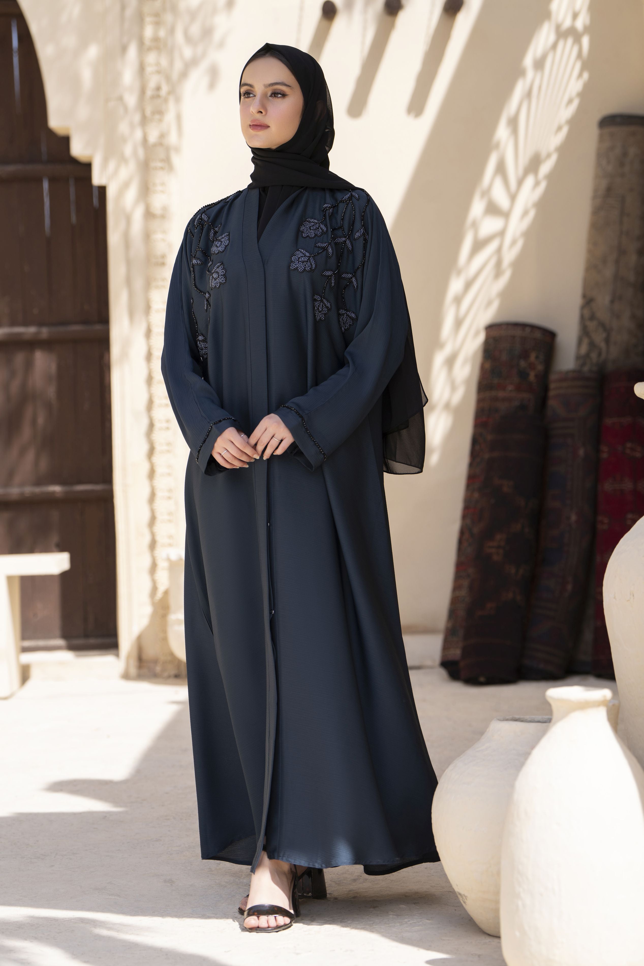 Zaina Veil of Grace – Hand Embellished Dark Teal Abaya ZVG4