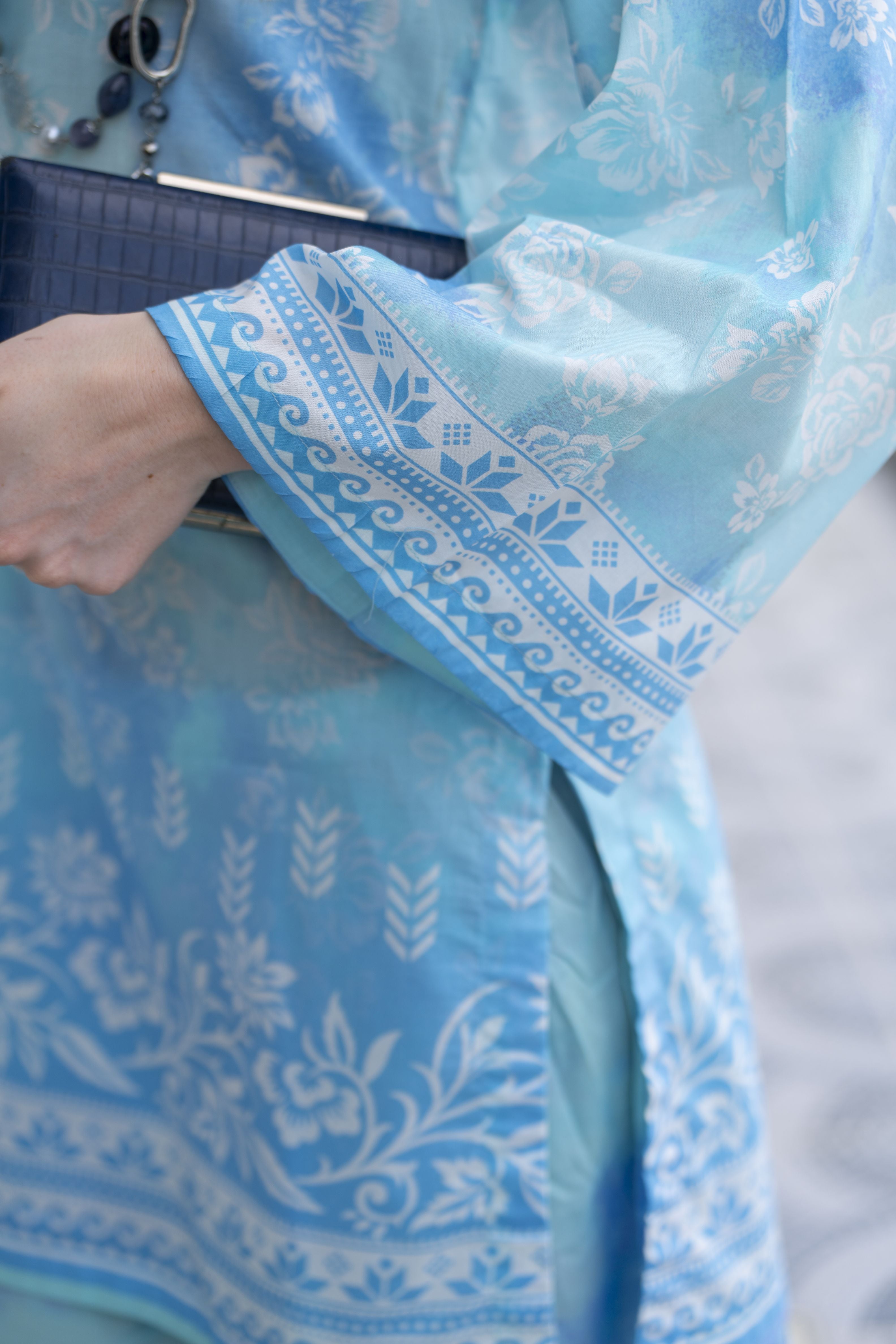 Zaiwa Aqua Blue 2pc Printed Lawn Sharara Suit with Handmade Neckline – DZ9