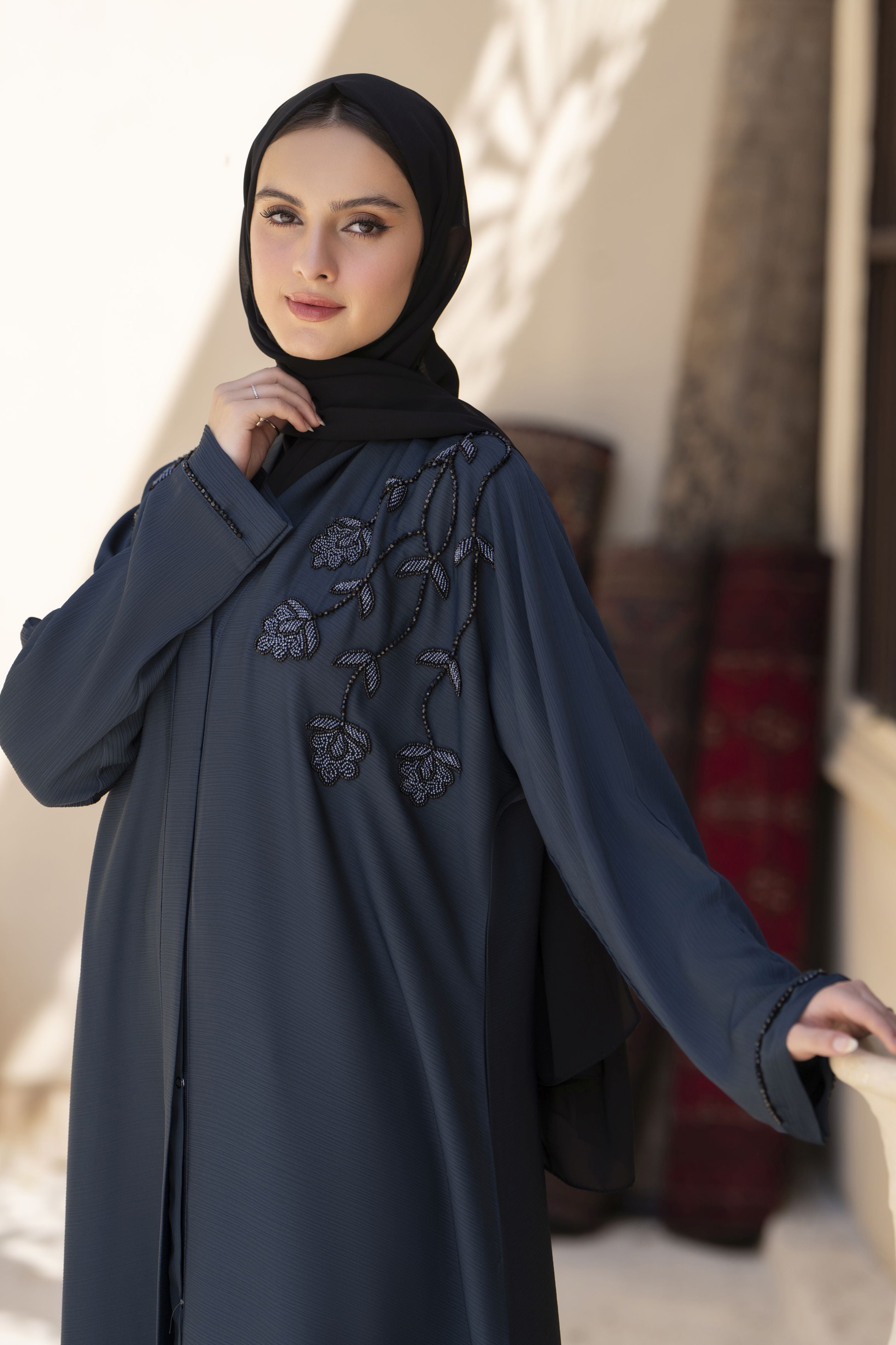 Zaina Veil of Grace – Hand Embellished Dark Teal Abaya ZVG4