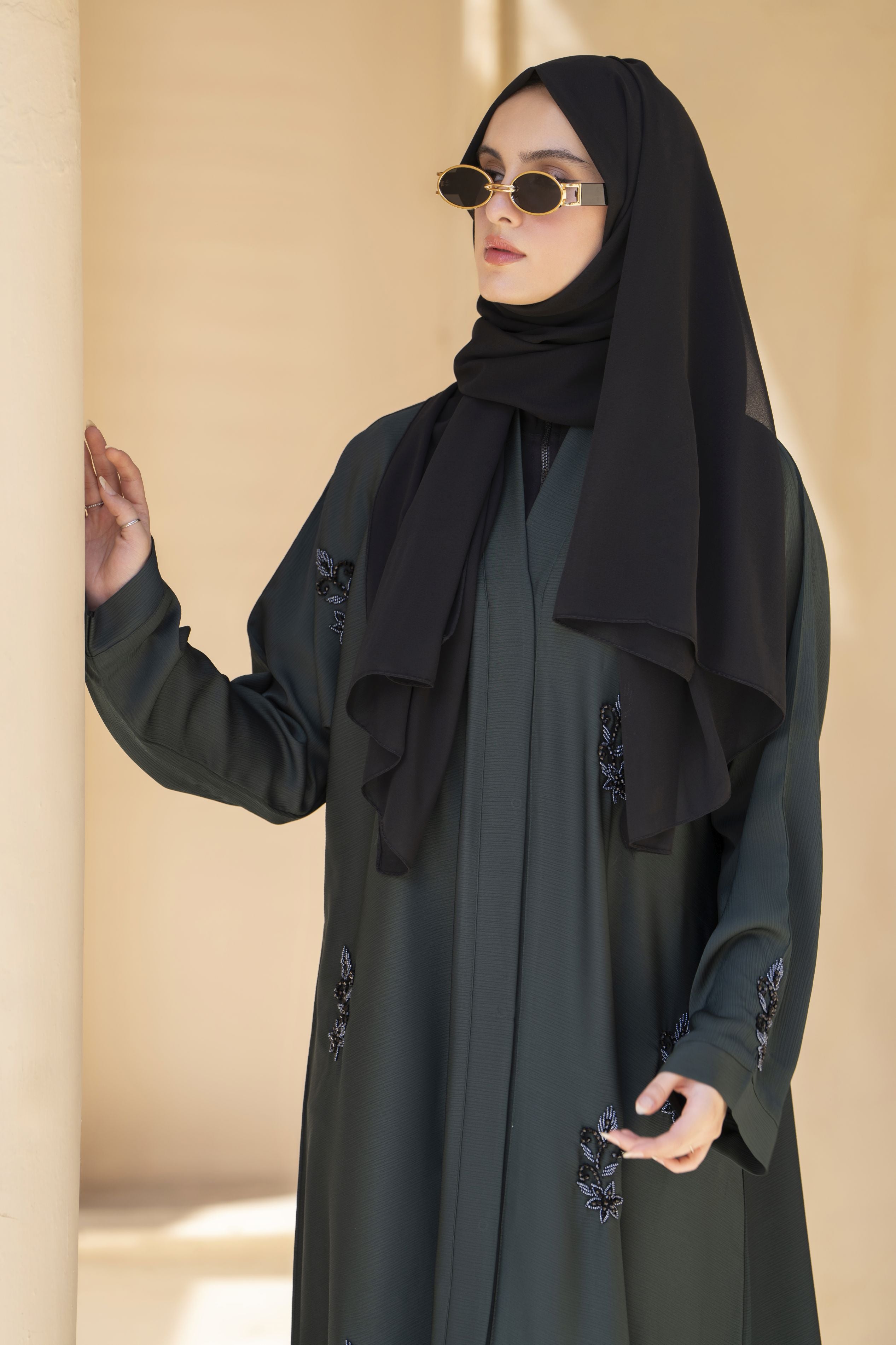 Zaina Veil of Grace – Hand Embellished Deep Green Abaya ZVG10