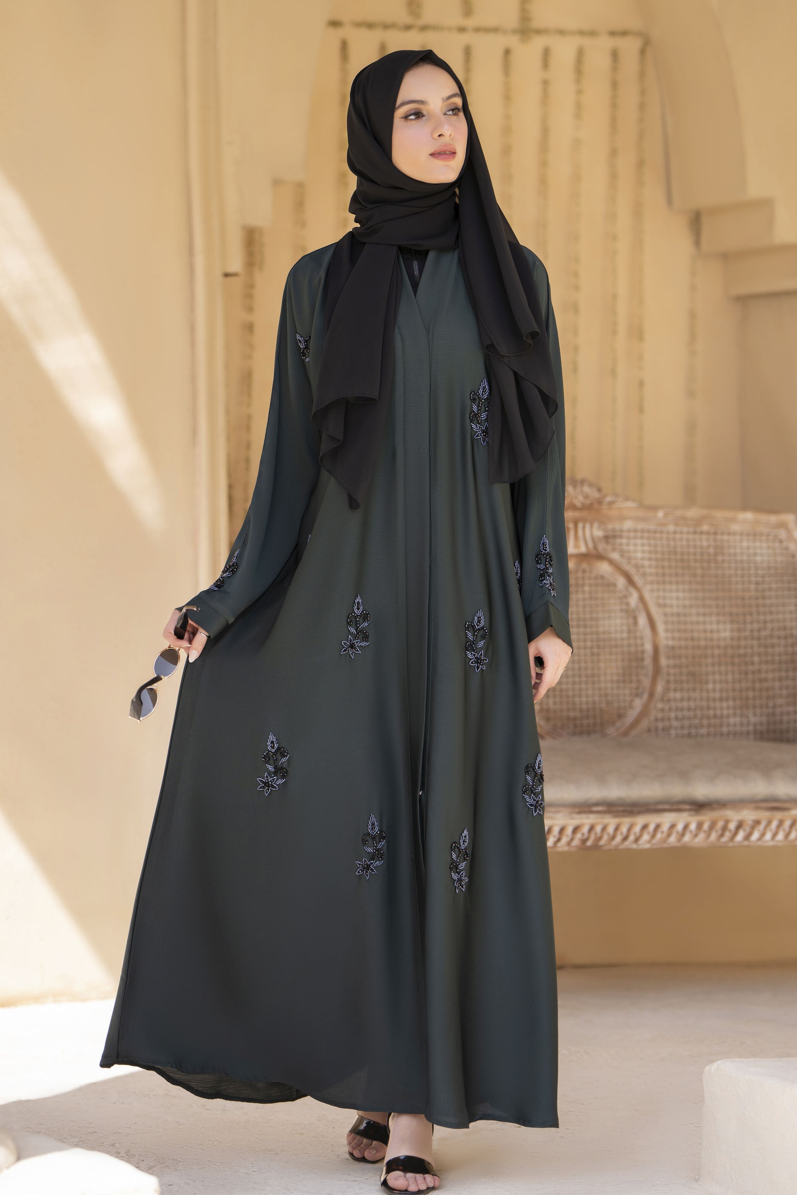 Zaina Veil of Grace – Hand Embellished Deep Green Abaya ZVG10