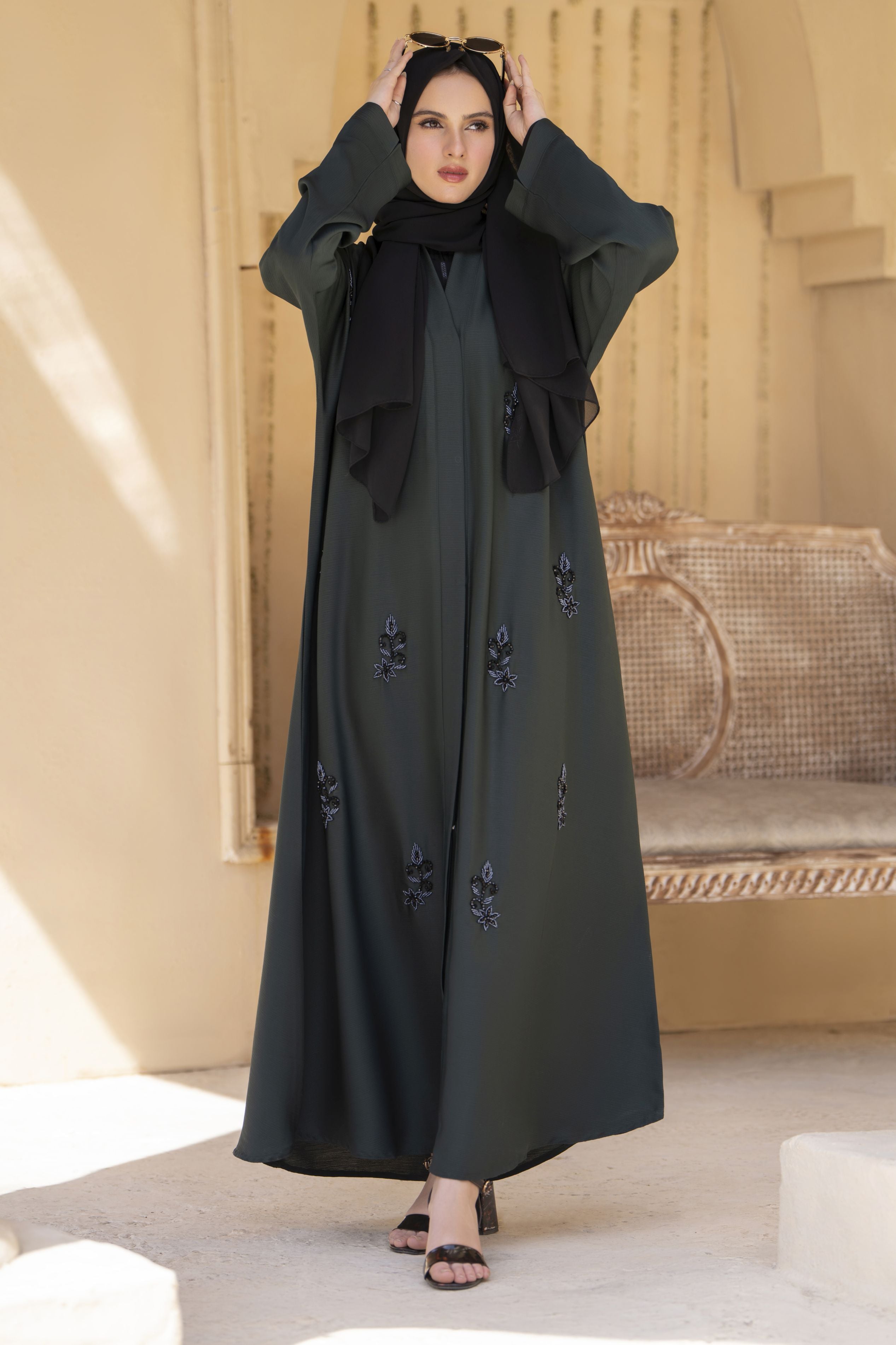 Zaina Veil of Grace – Hand Embellished Deep Green Abaya ZVG10
