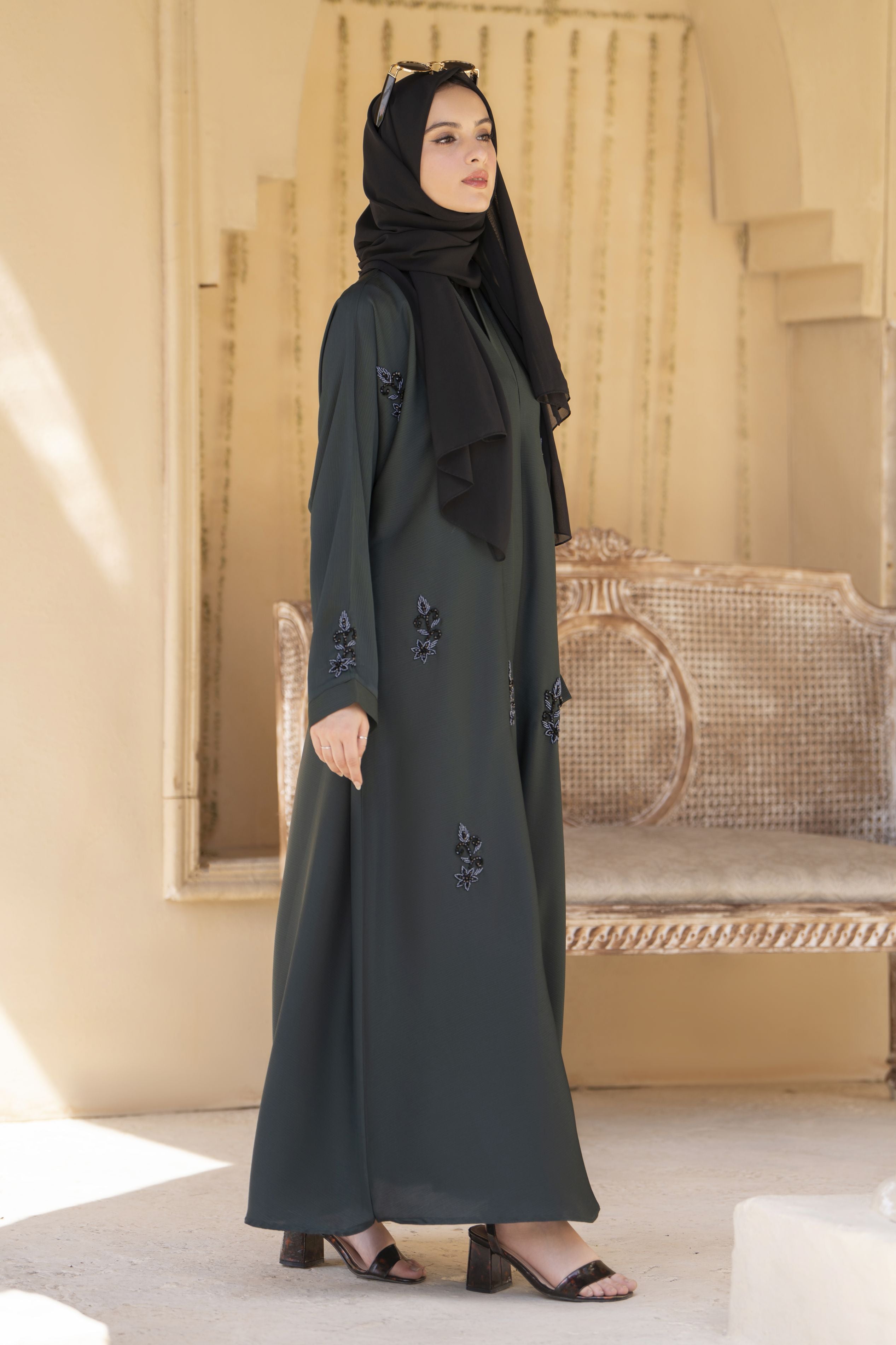 Zaina Veil of Grace – Hand Embellished Deep Green Abaya ZVG10