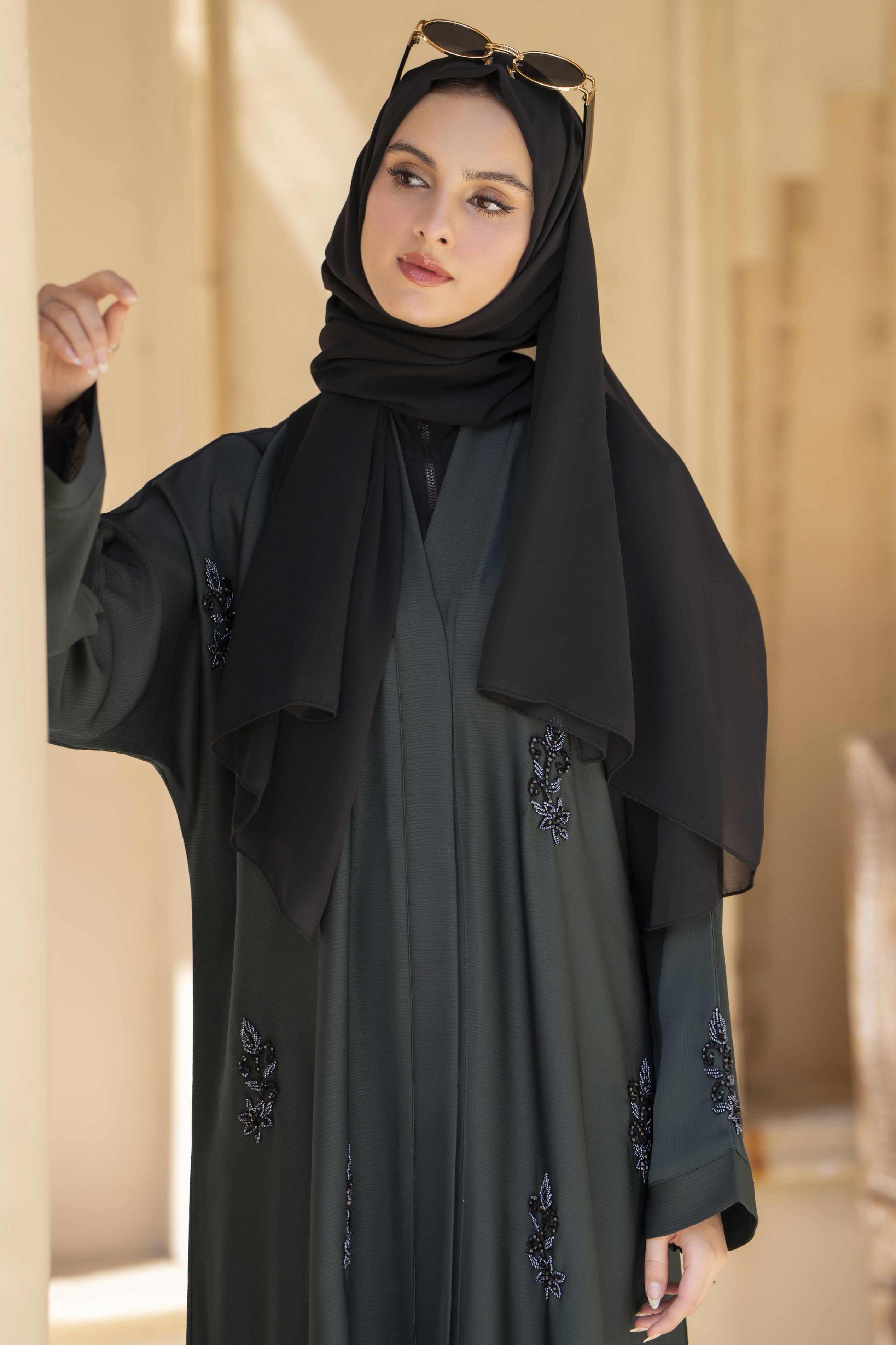 Zaina Veil of Grace – Hand Embellished Deep Green Abaya ZVG10