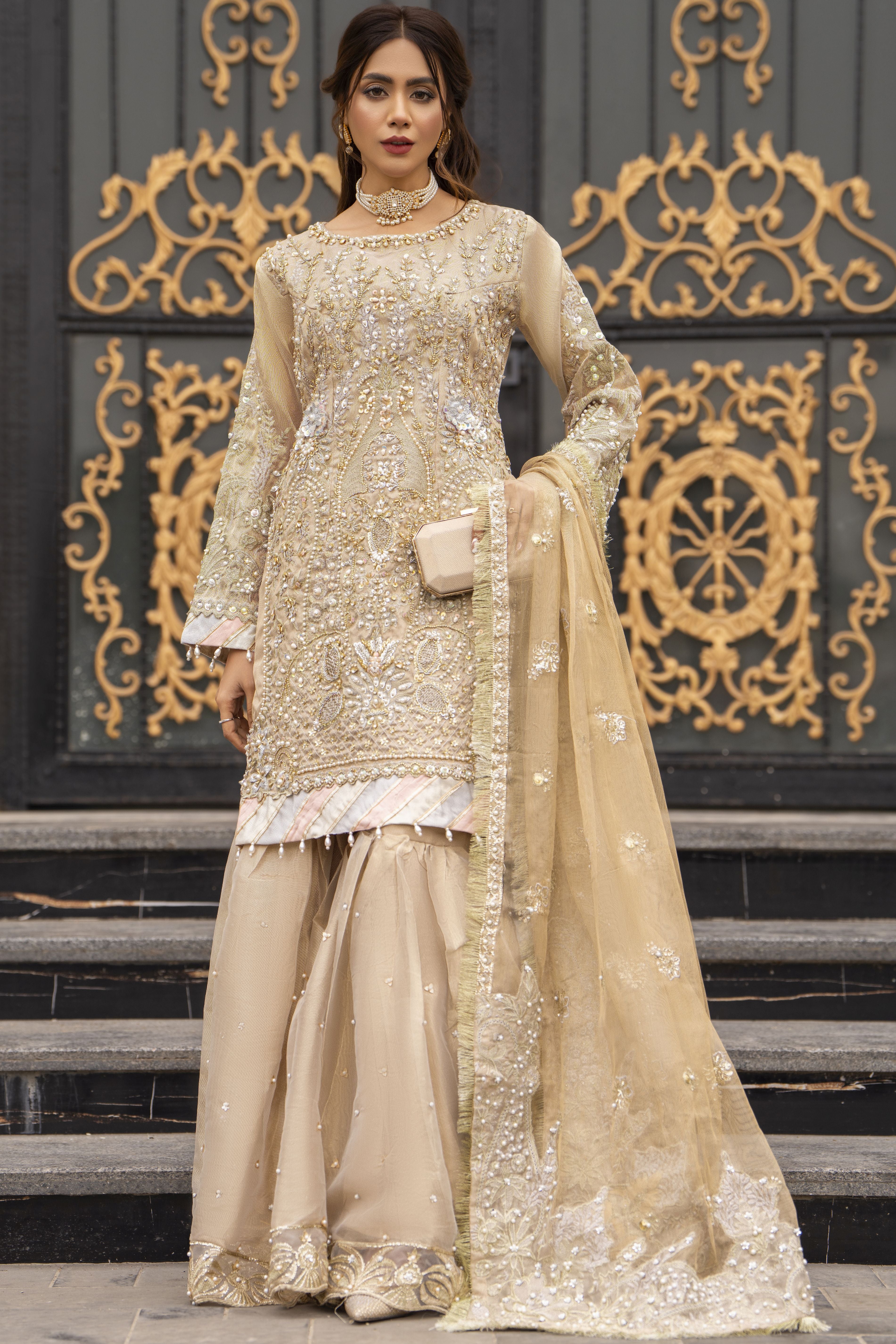 Zaiwaraat by Arwah Kundan Masoori Embroidered Shirt with Gharara & Dupatta ZWR03