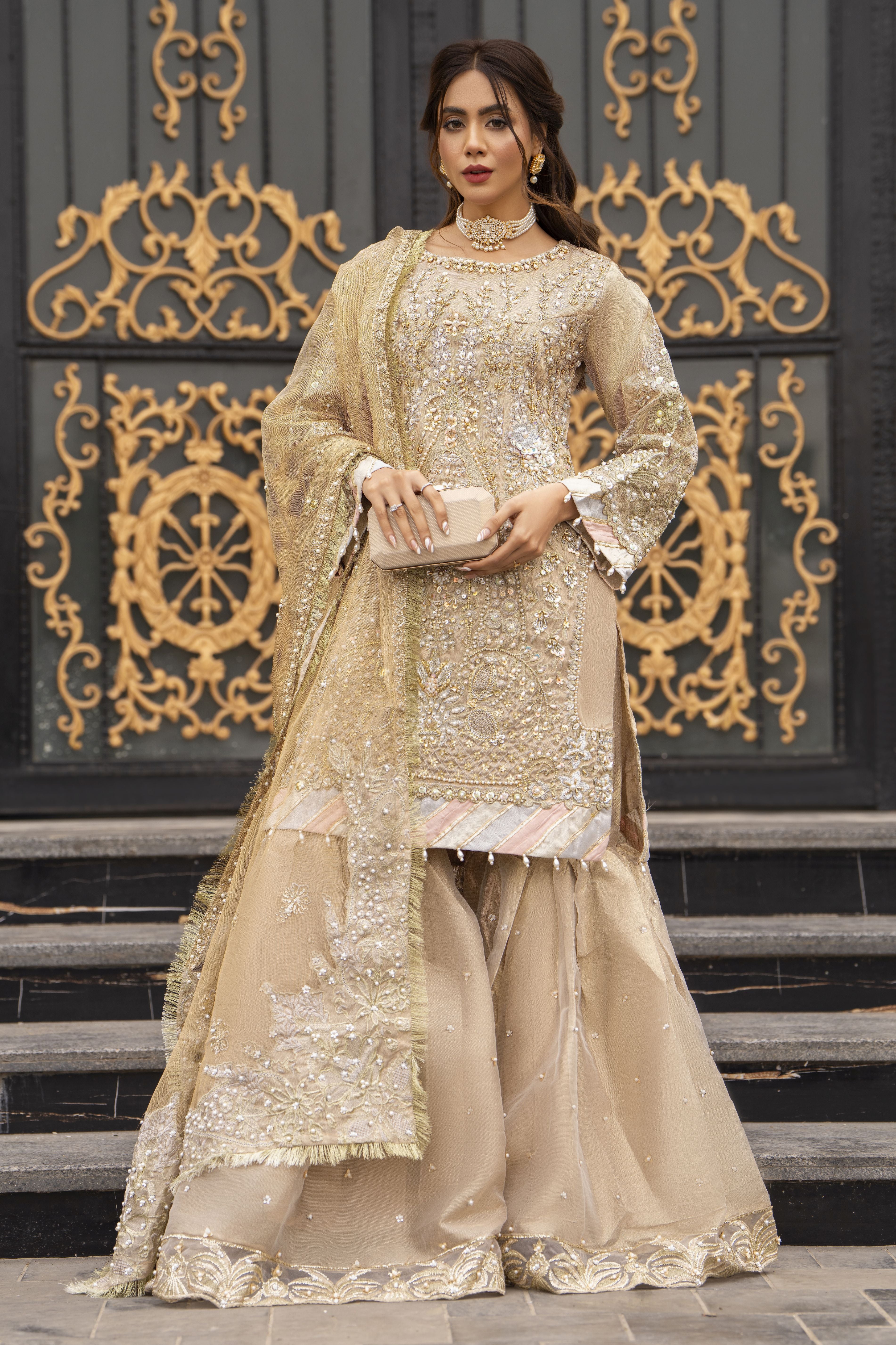 Zaiwaraat by Arwah Kundan Masoori Embroidered Shirt with Gharara & Dupatta ZWR03