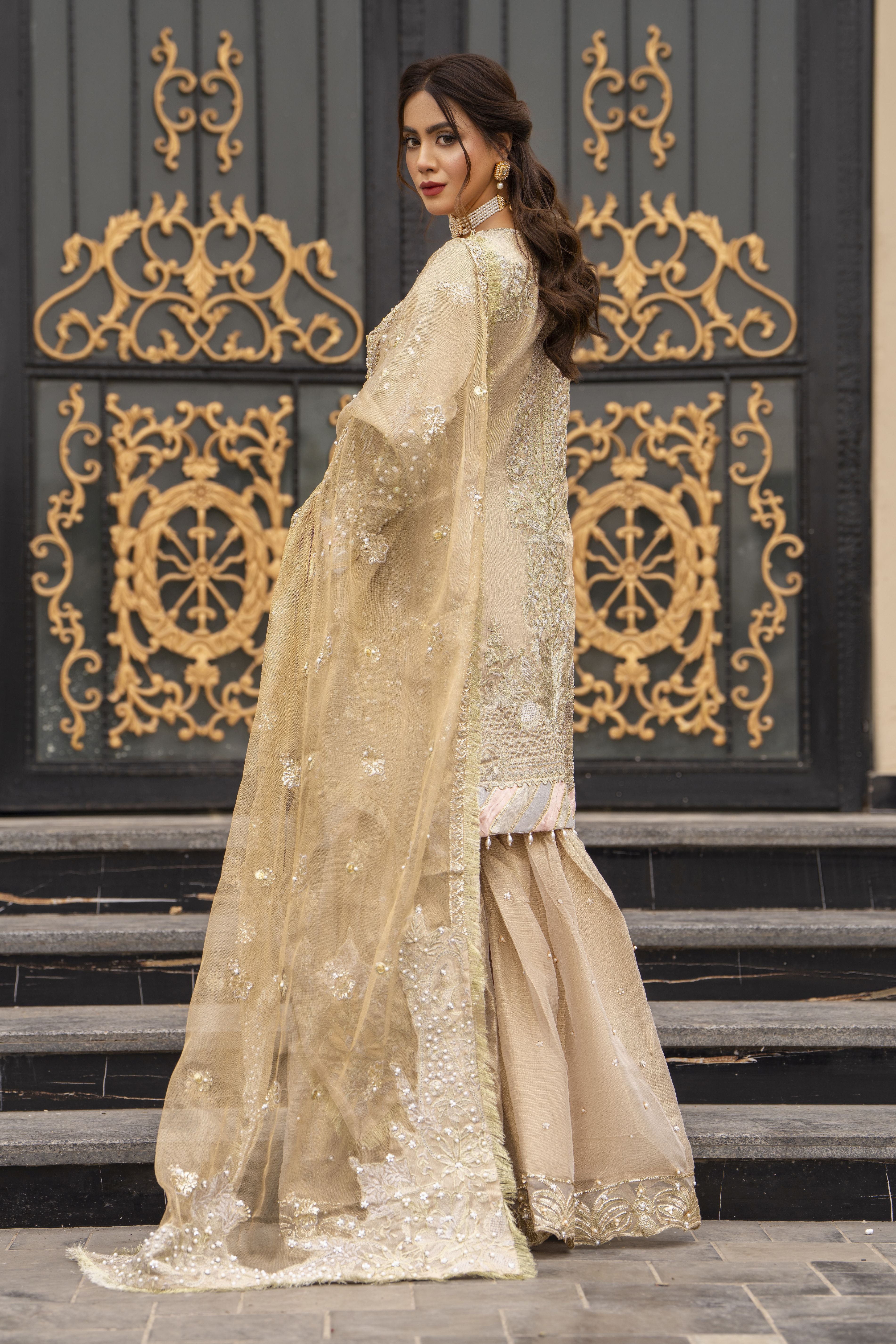 Zaiwaraat by Arwah Kundan Masoori Embroidered Shirt with Gharara & Dupatta ZWR03