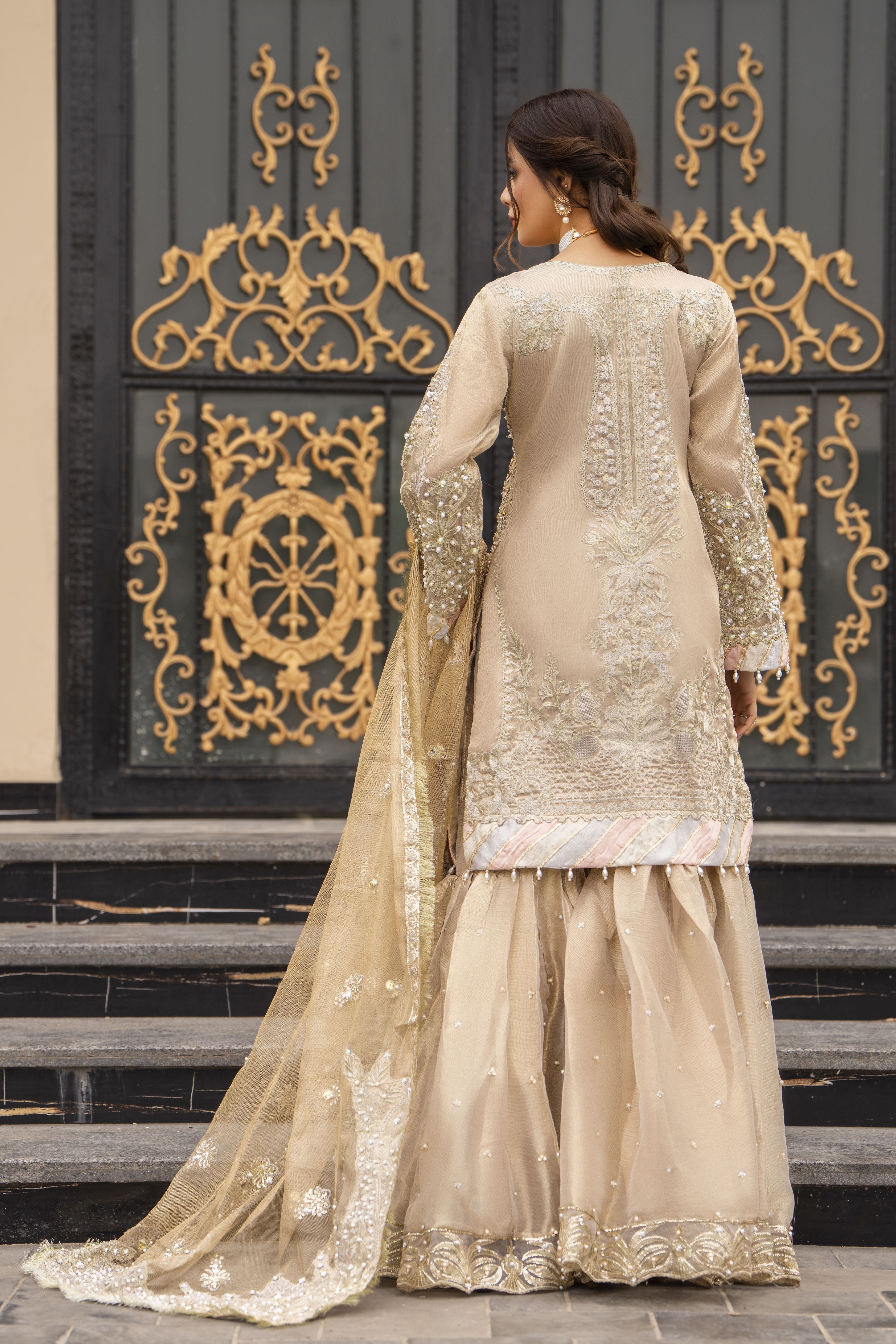Zaiwaraat by Arwah Kundan Masoori Embroidered Shirt with Gharara & Dupatta ZWR03