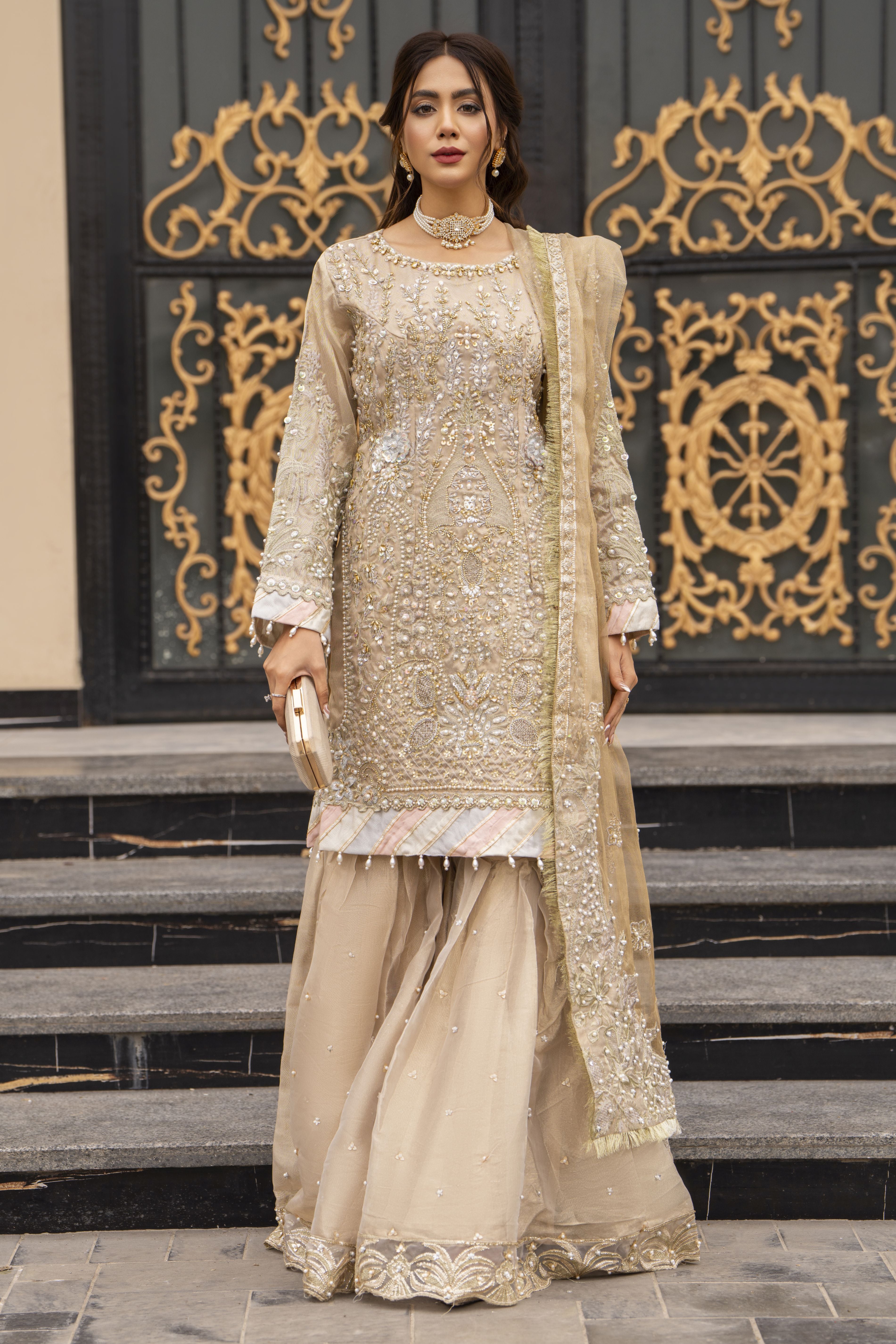 Zaiwaraat by Arwah Kundan Masoori Embroidered Shirt with Gharara & Dupatta ZWR03
