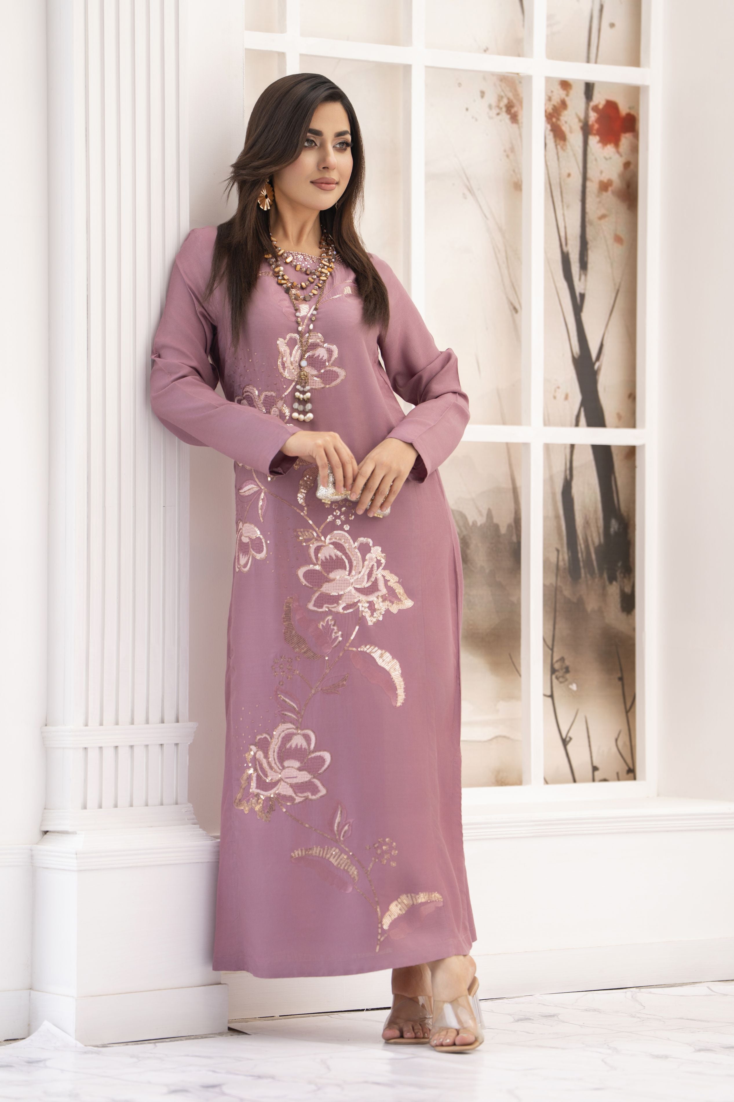 Miski FrostFit – Mauve Winter Linen Readymade Pakistani Kurta FFM2