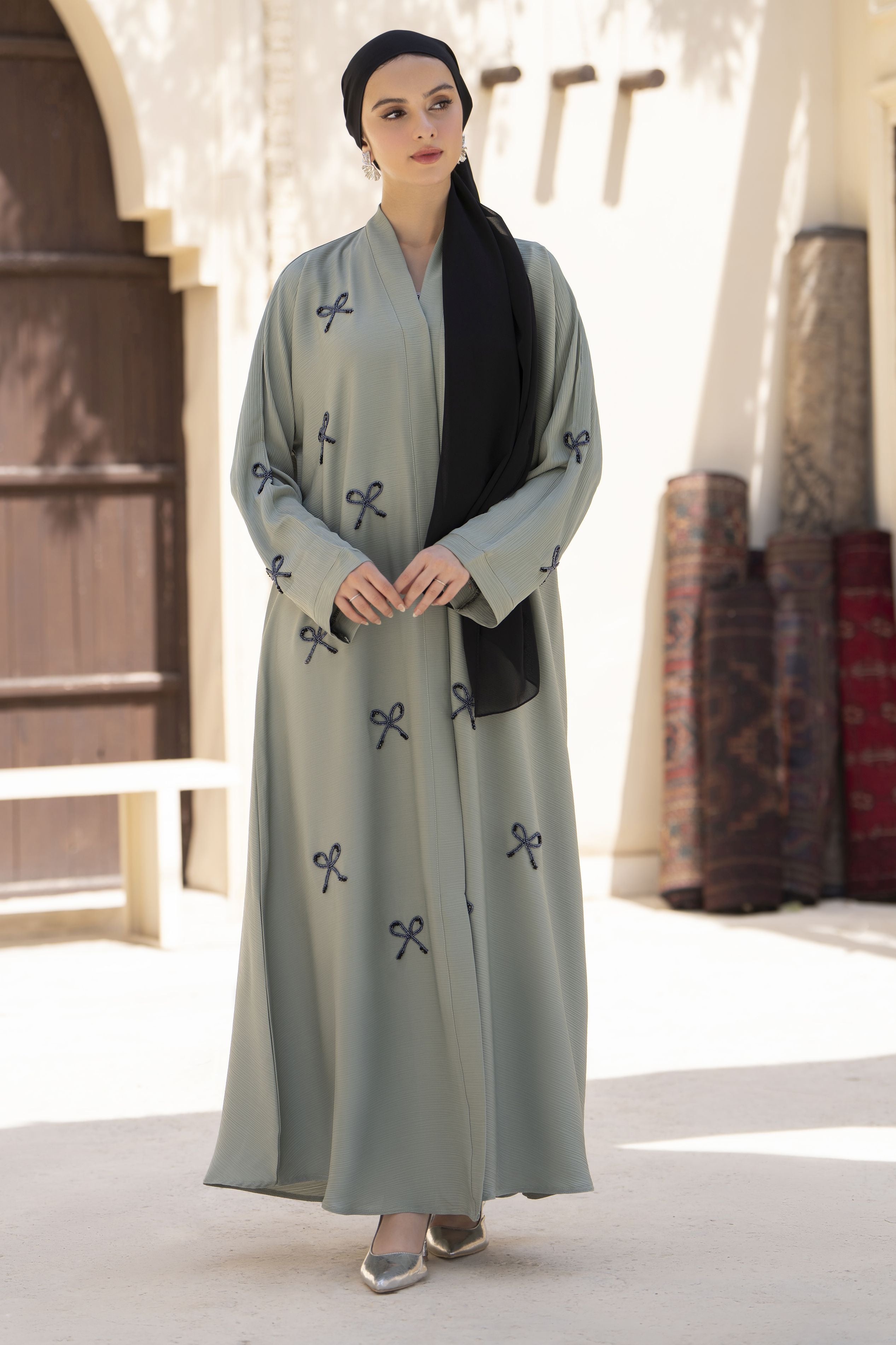 Zaina Veil of Grace – Hand Embellished Sage Green Abaya ZVG5