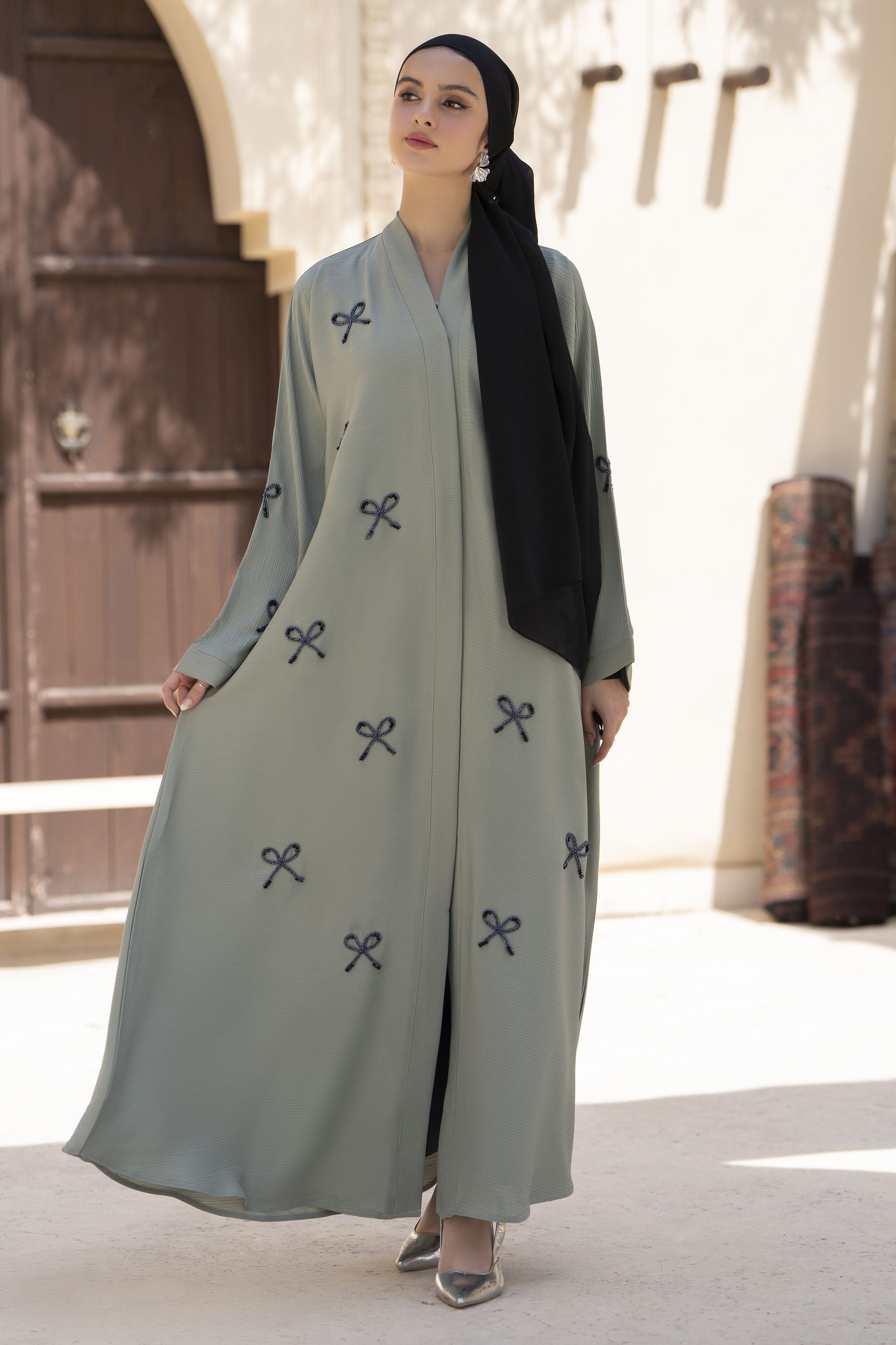 Zaina Veil of Grace – Hand Embellished Sage Green Abaya ZVG5