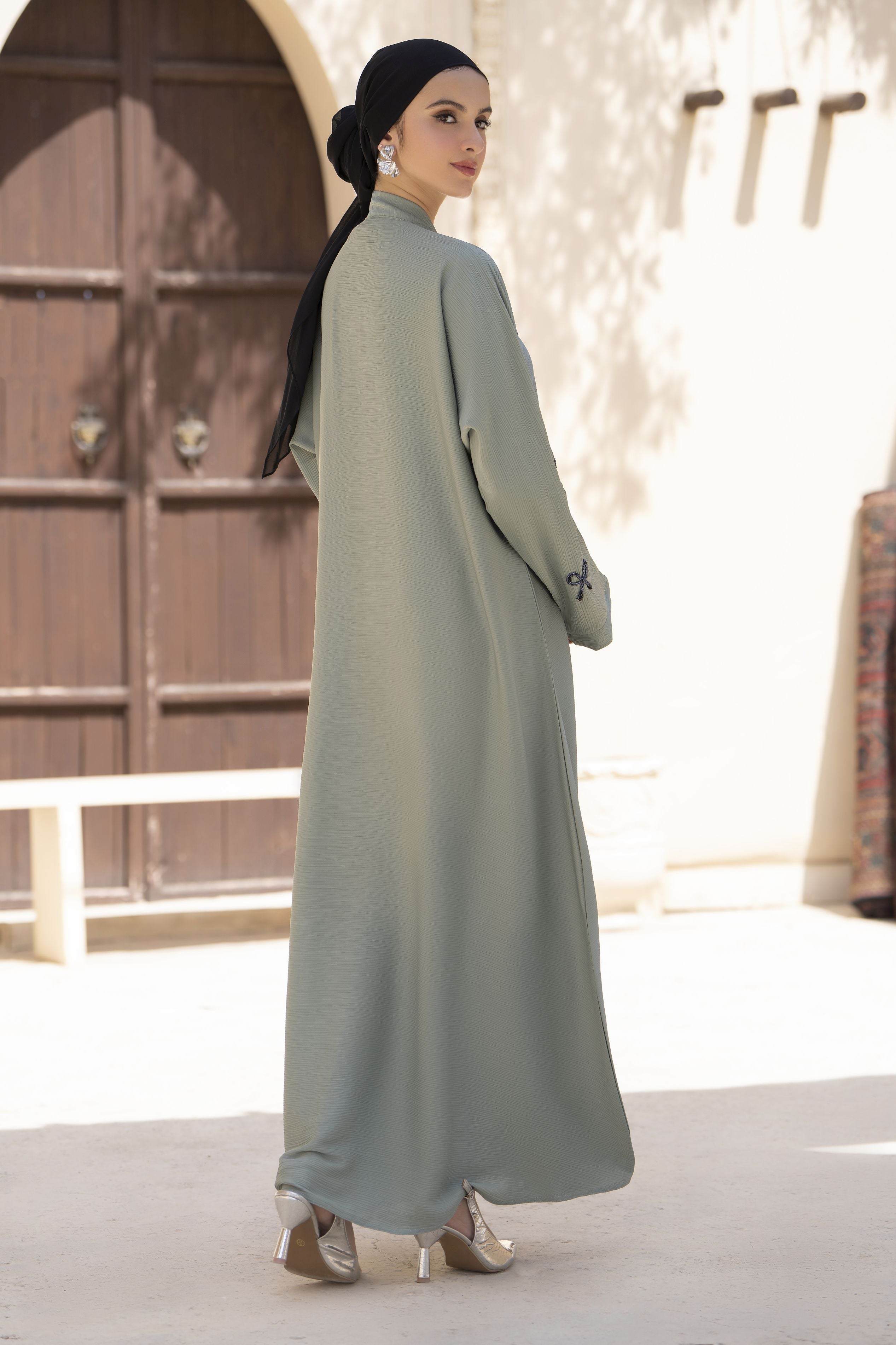 Zaina Veil of Grace – Hand Embellished Sage Green Abaya ZVG5