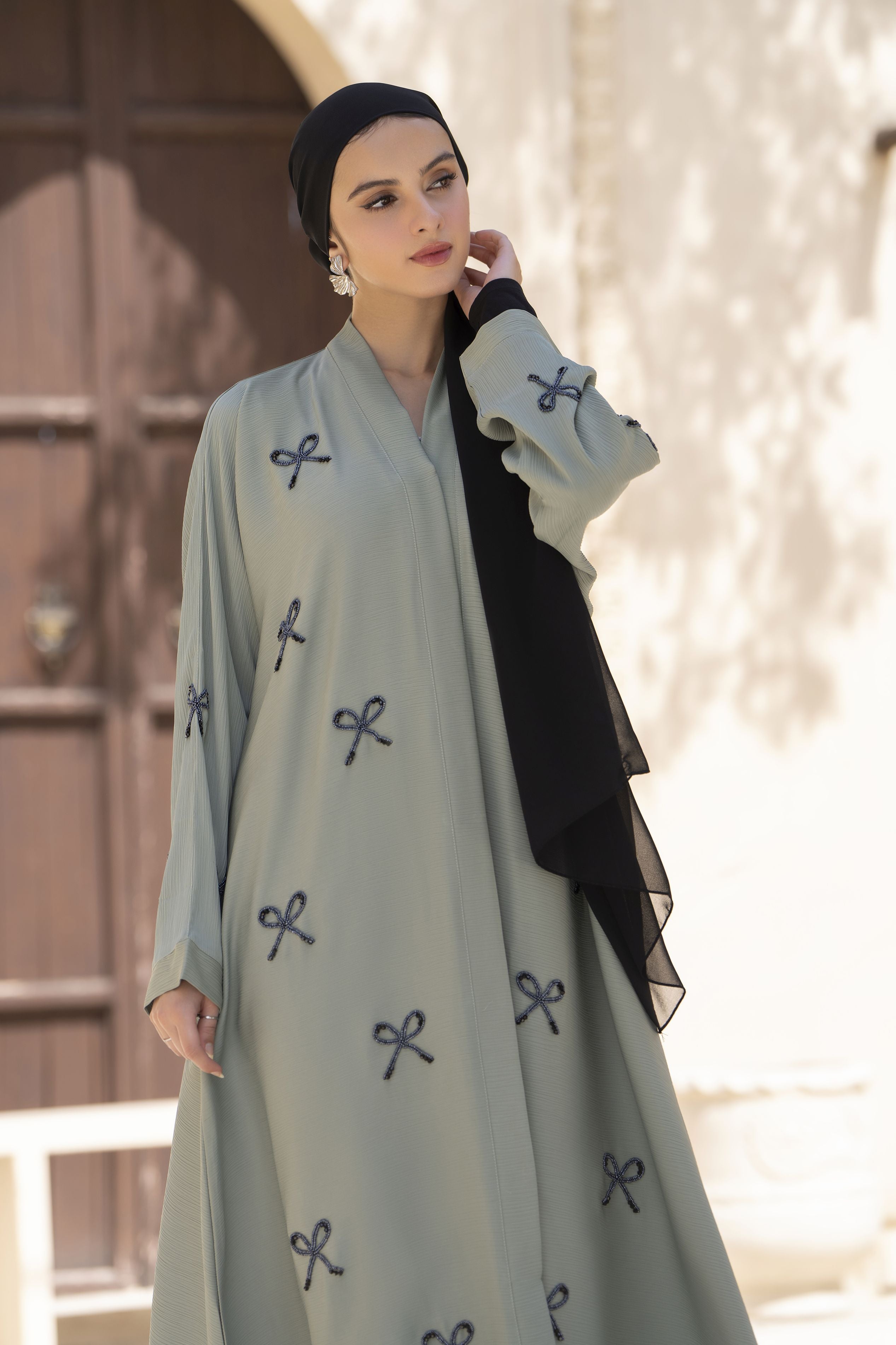 Zaina Veil of Grace – Hand Embellished Sage Green Abaya ZVG5