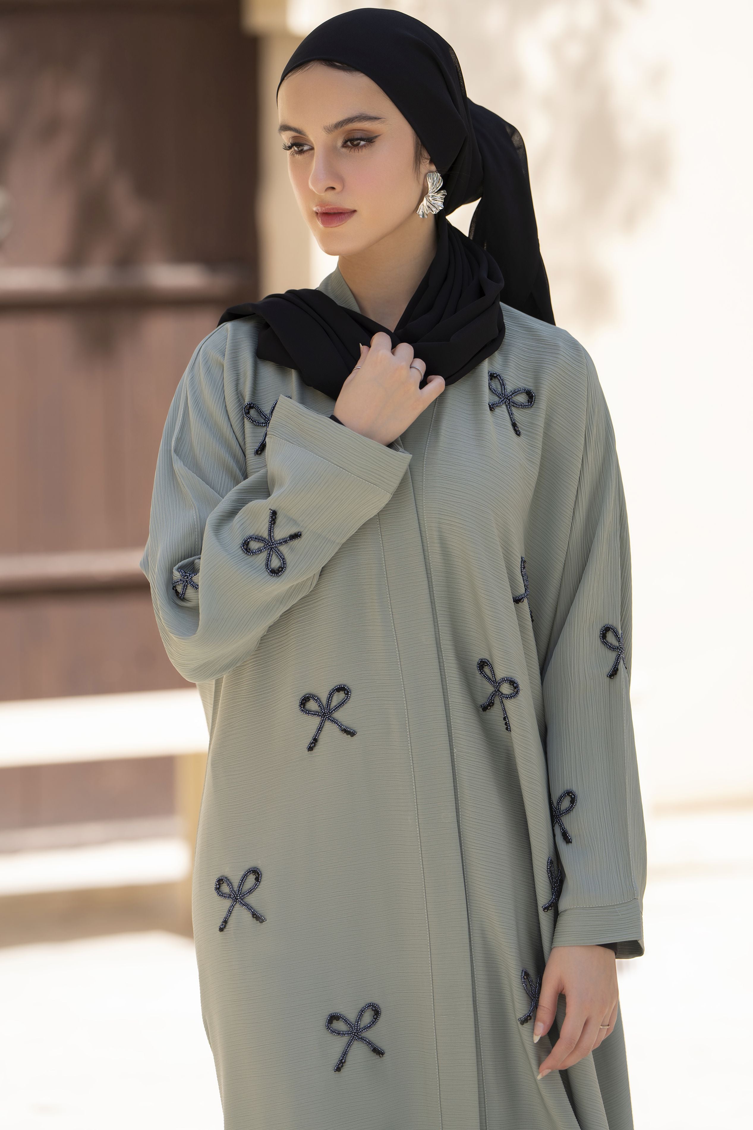 Zaina Veil of Grace – Hand Embellished Sage Green Abaya ZVG5