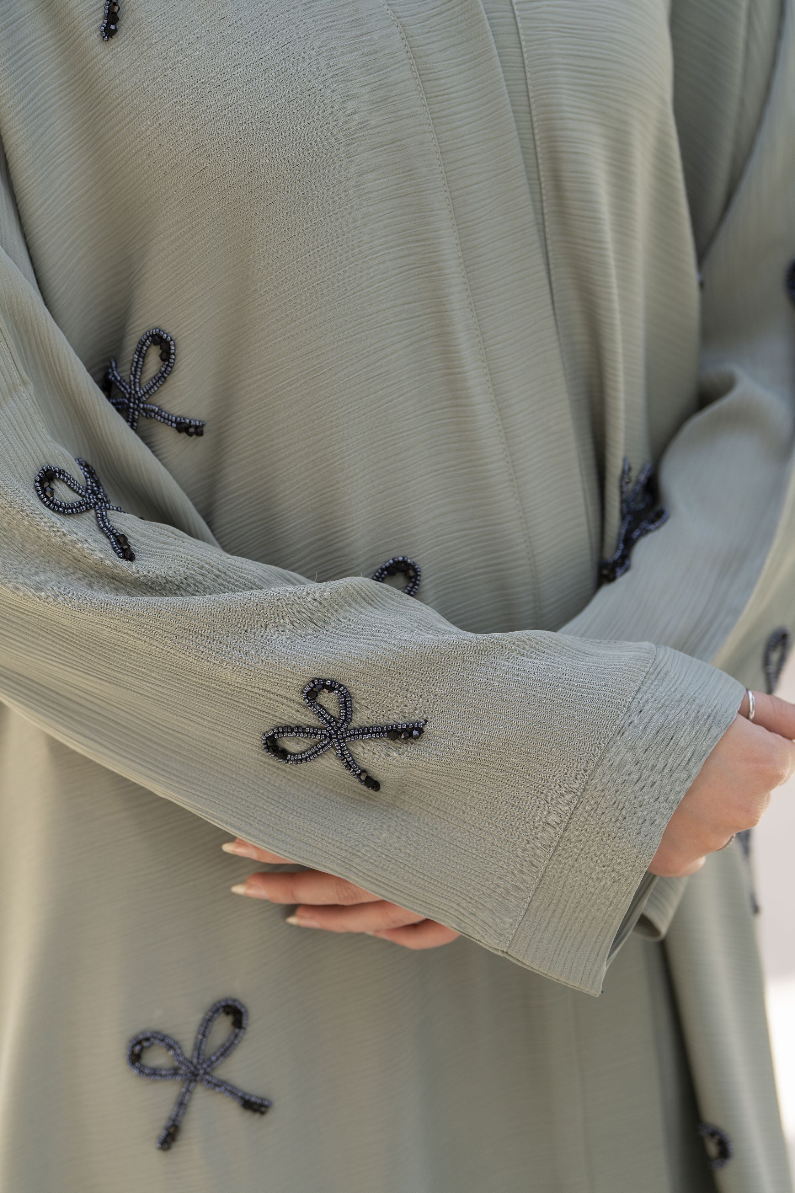 Zaina Veil of Grace – Hand Embellished Sage Green Abaya ZVG5