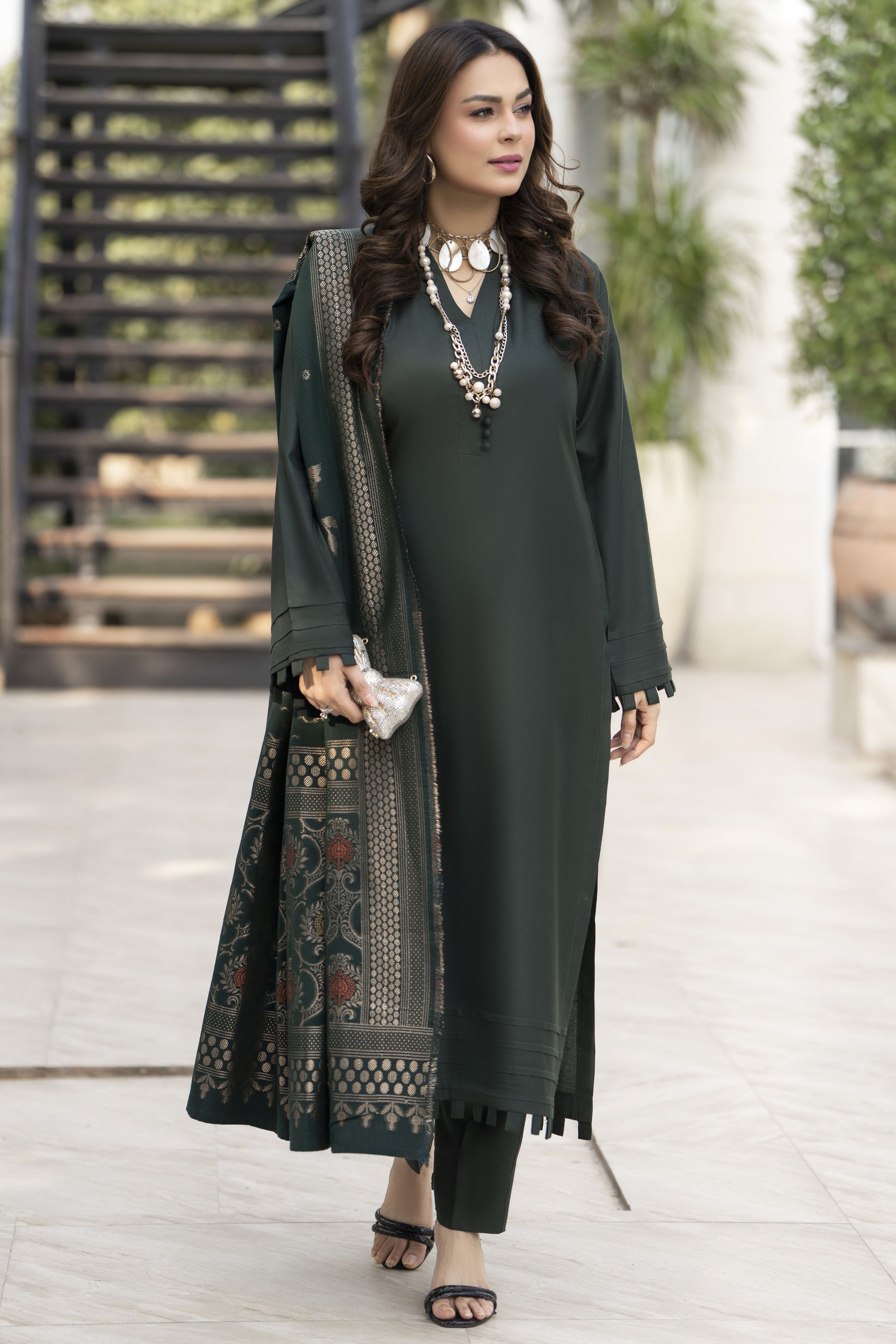 Deep Green Dhanak Long Dress with Multani Winter Shawl by Gul Warun GSR6