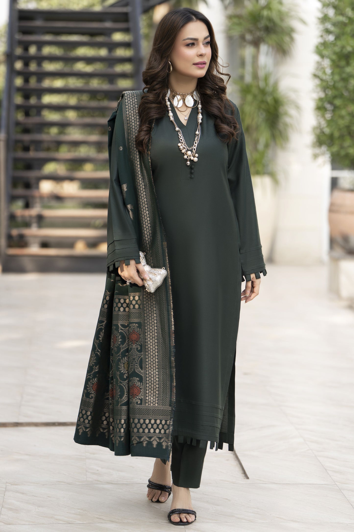 Deep Green Dhanak Long Dress with Multani Winter Shawl by Gul Warun GSR6