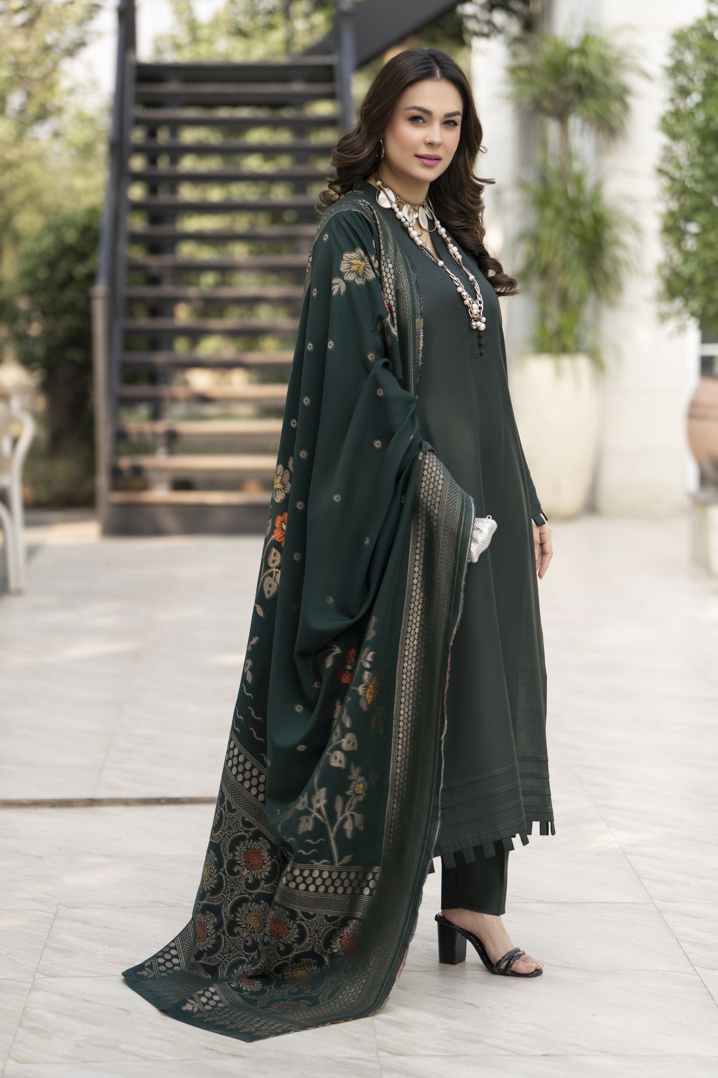 Deep Green Dhanak Long Dress with Multani Winter Shawl by Gul Warun GSR6