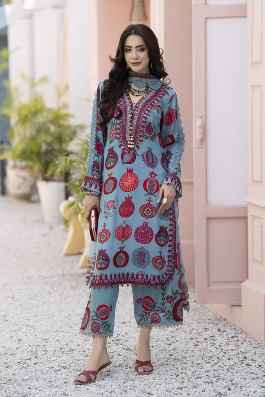 3pc Printed & Embroidered Summer Lawn Suit with Chiffon Dupatta RES13