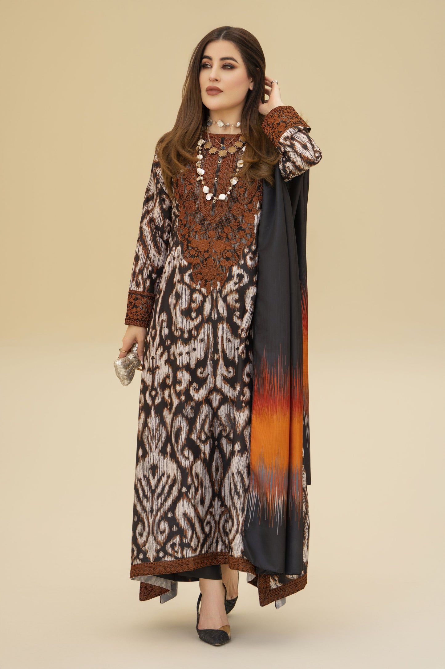 Zaiwa Winter Shawl – Embroidered Printed Grip 3pc Long Dress ZWS10