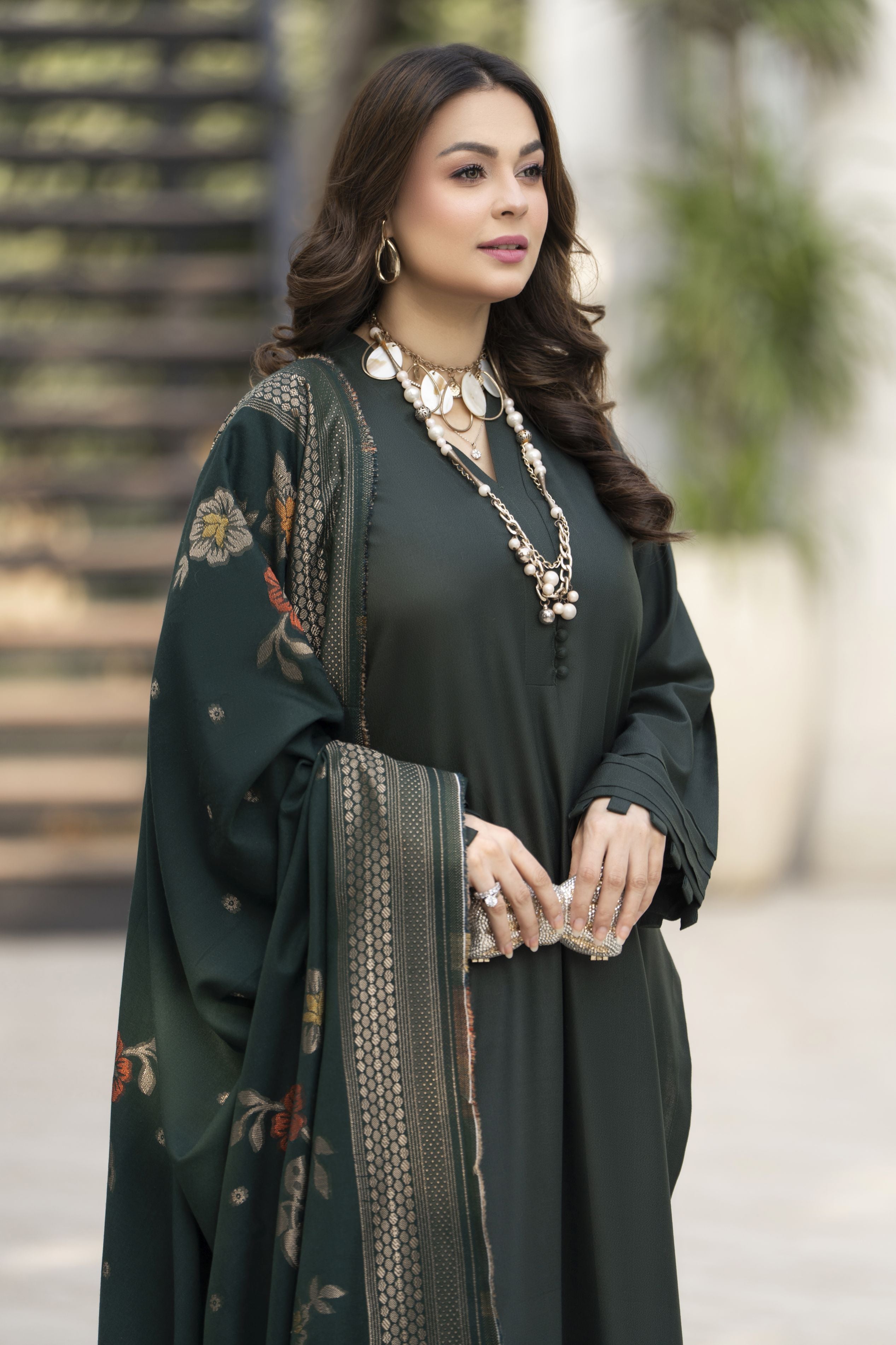 Deep Green Dhanak Long Dress with Multani Winter Shawl by Gul Warun GSR6