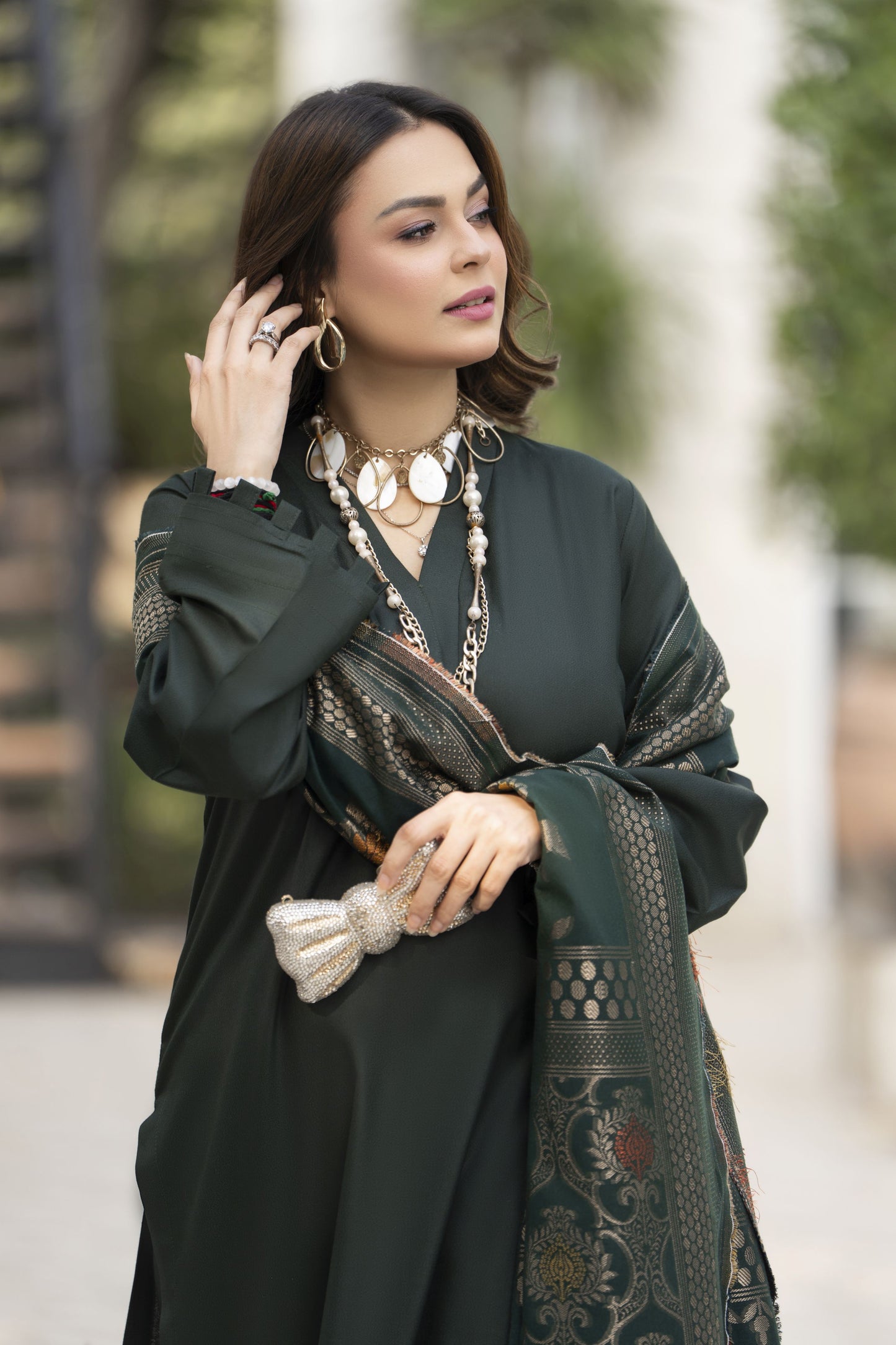 Deep Green Dhanak Long Dress with Multani Winter Shawl by Gul Warun GSR6