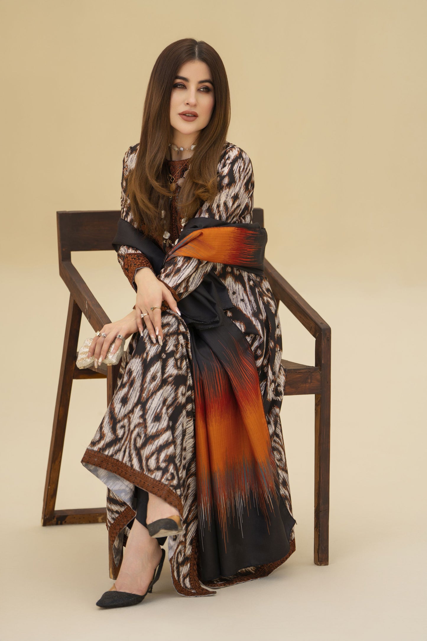 Zaiwa Winter Shawl – Embroidered Printed Grip 3pc Long Dress ZWS10