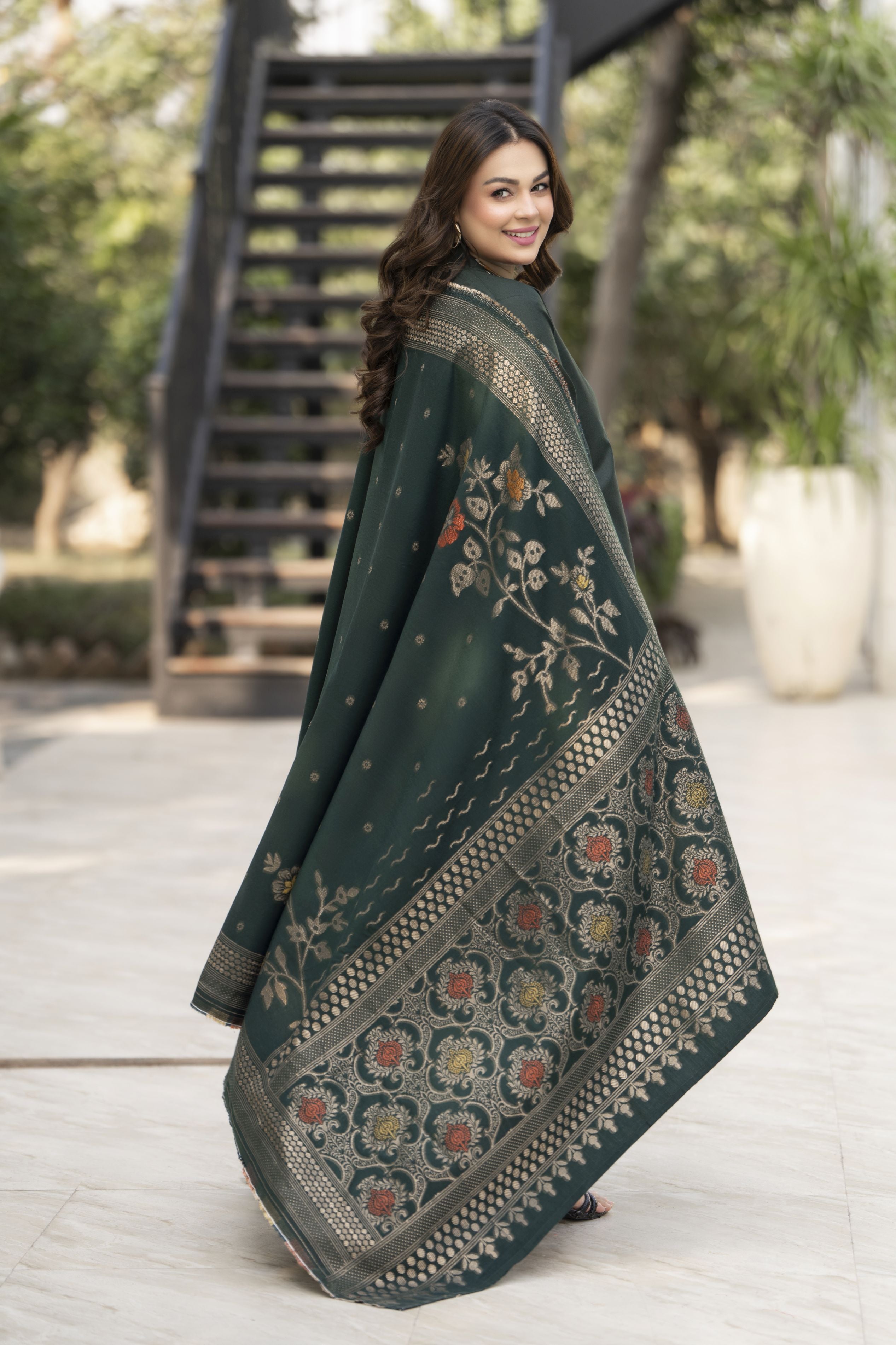Deep Green Dhanak Long Dress with Multani Winter Shawl by Gul Warun GSR6