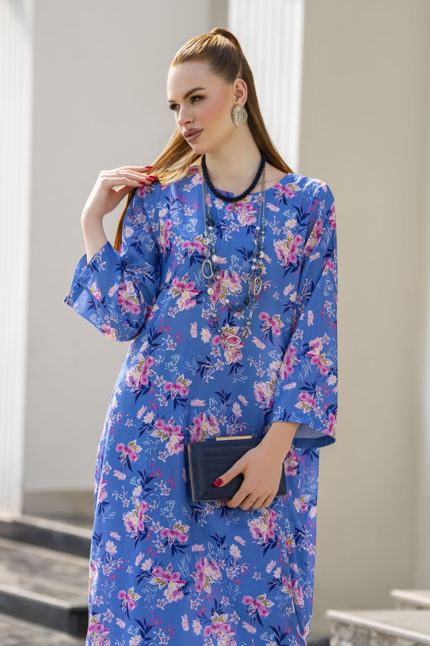 Sakeena Sheen Blue Multicolour Floral Printed Poly Raw Silk 2pc Kaftan – SHH4