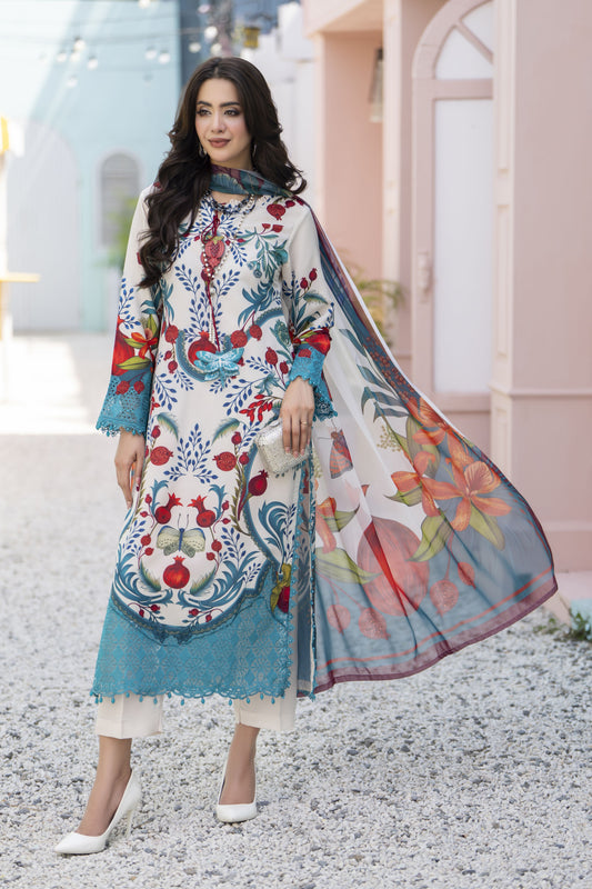 3pc Printed & Chikankari Embroidered Lawn Suit with Chiffon Dupatta RES10