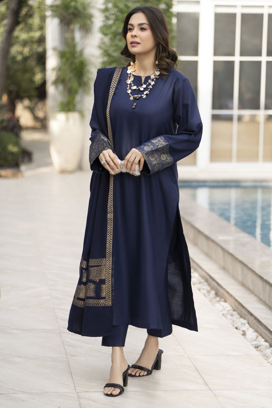 Navy Dhanak Long Dress and Multani Shawl by Gul Warun GSR4