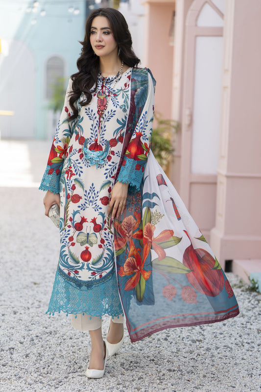 3pc Printed & Chikankari Embroidered Lawn Suit with Chiffon Dupatta RES10