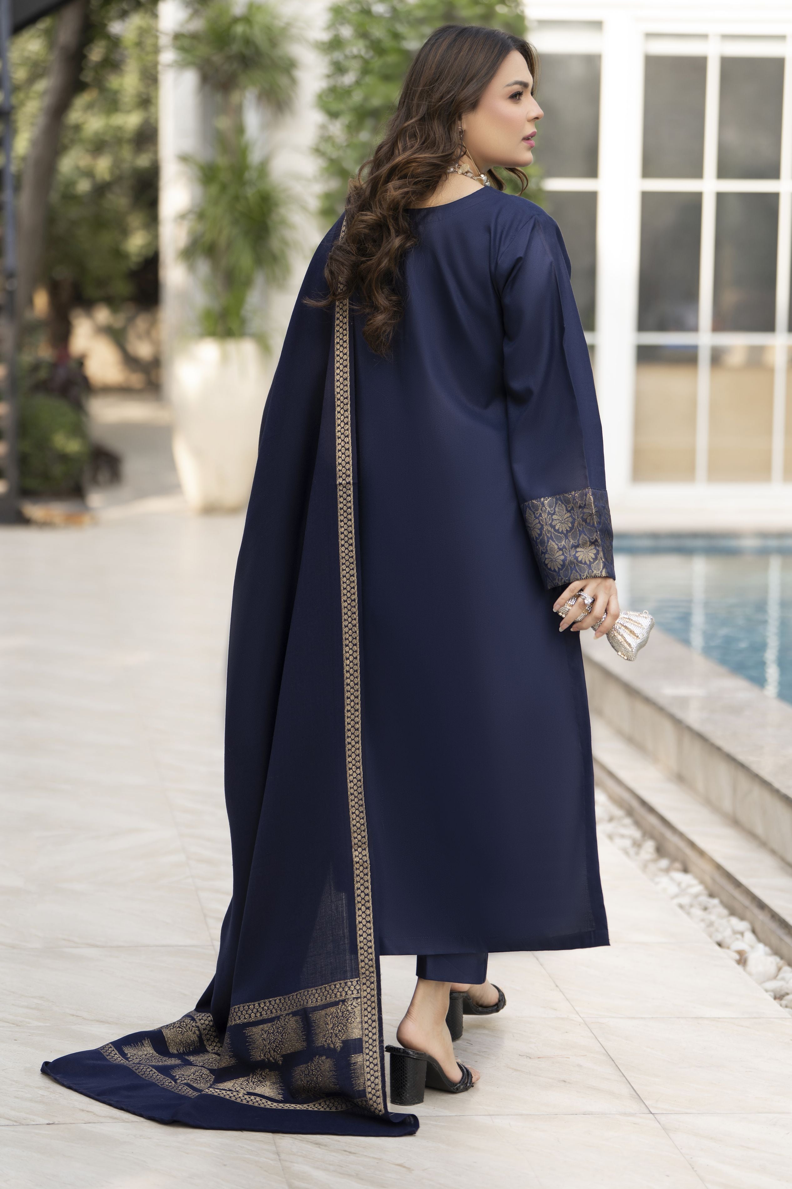 Navy Dhanak Long Dress and Multani Shawl by Gul Warun GSR4