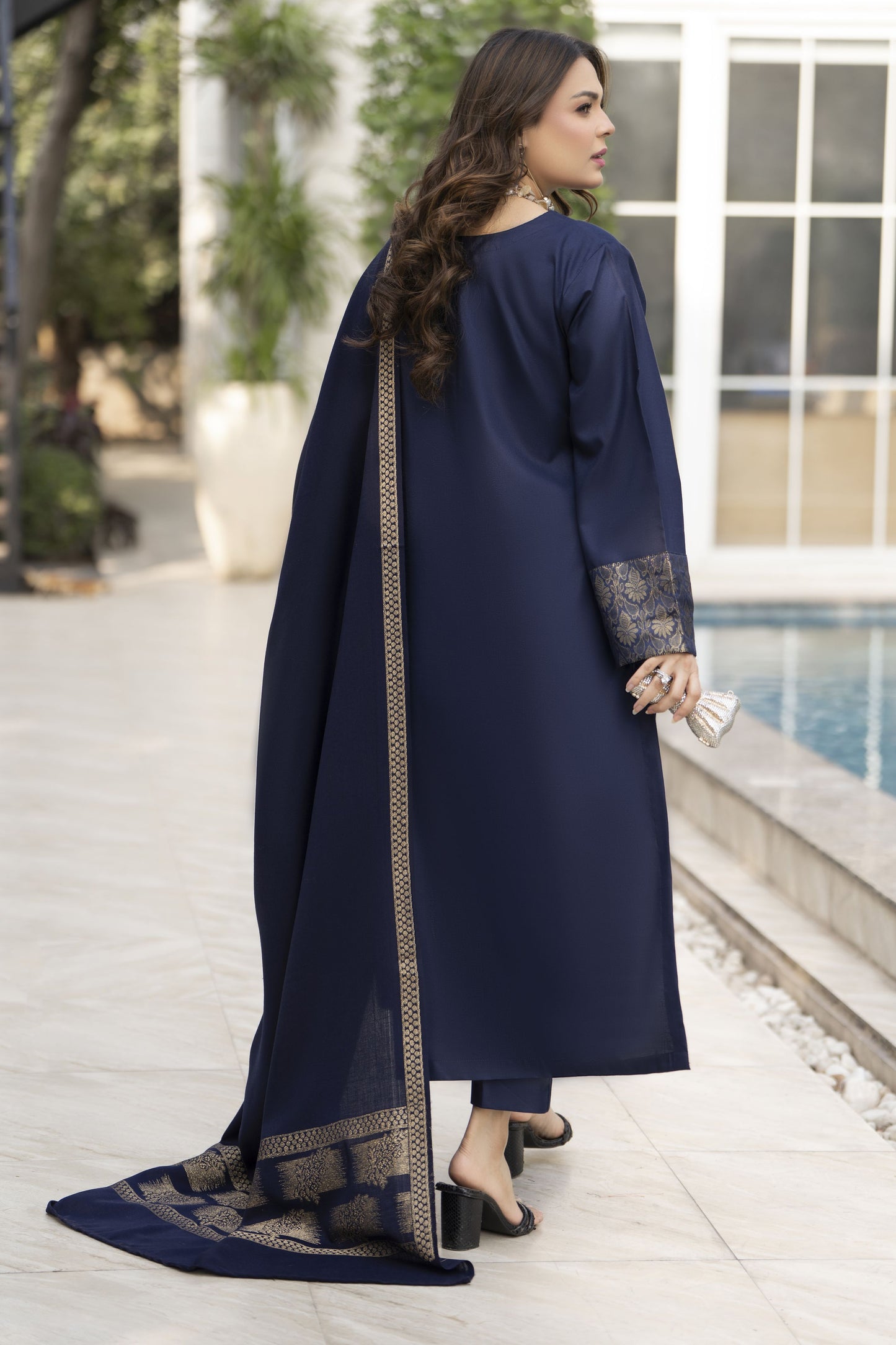 Navy Dhanak Long Dress and Multani Shawl by Gul Warun GSR4