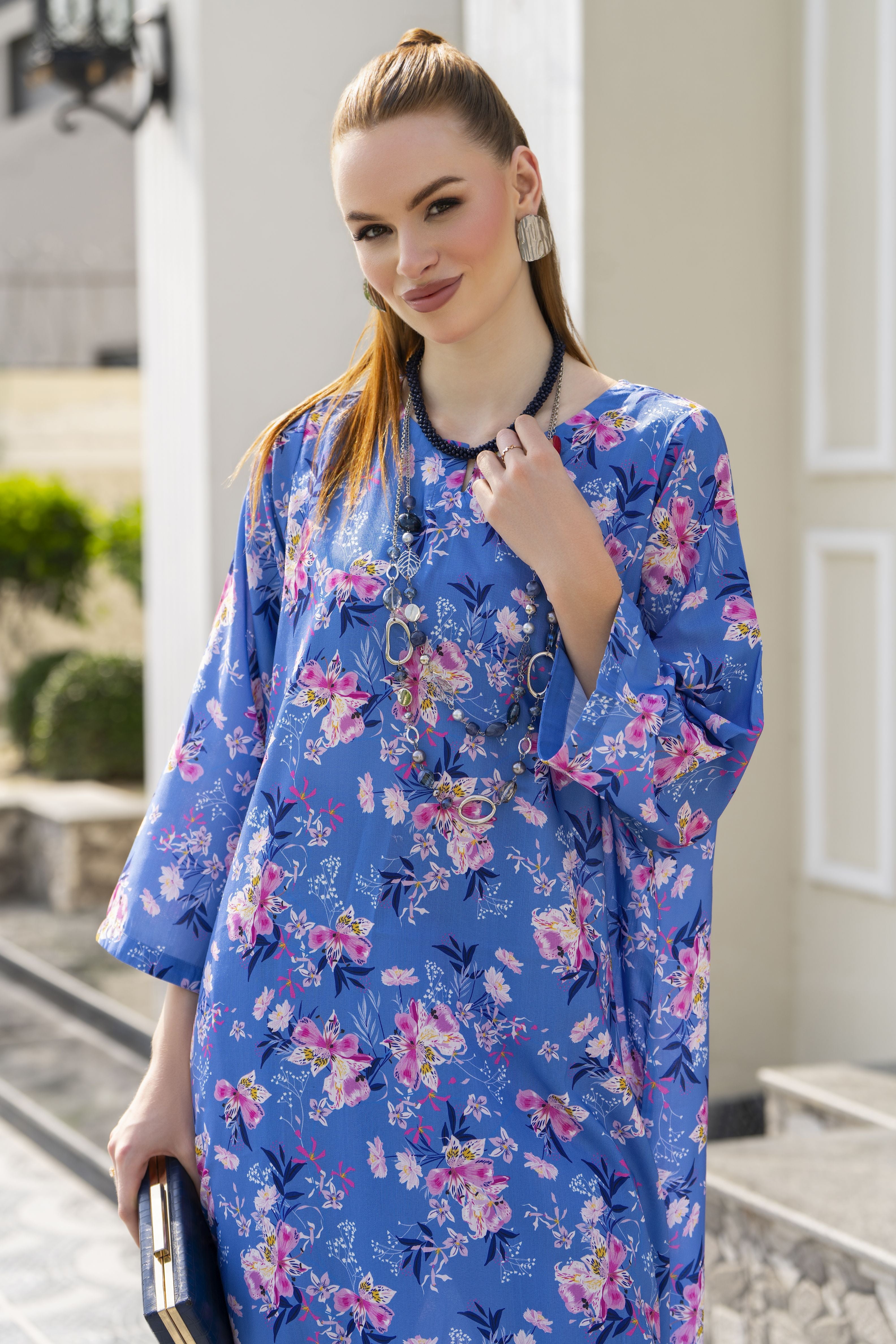 Sakeena Sheen Blue Multicolour Floral Printed Poly Raw Silk 2pc Kaftan – SHH4