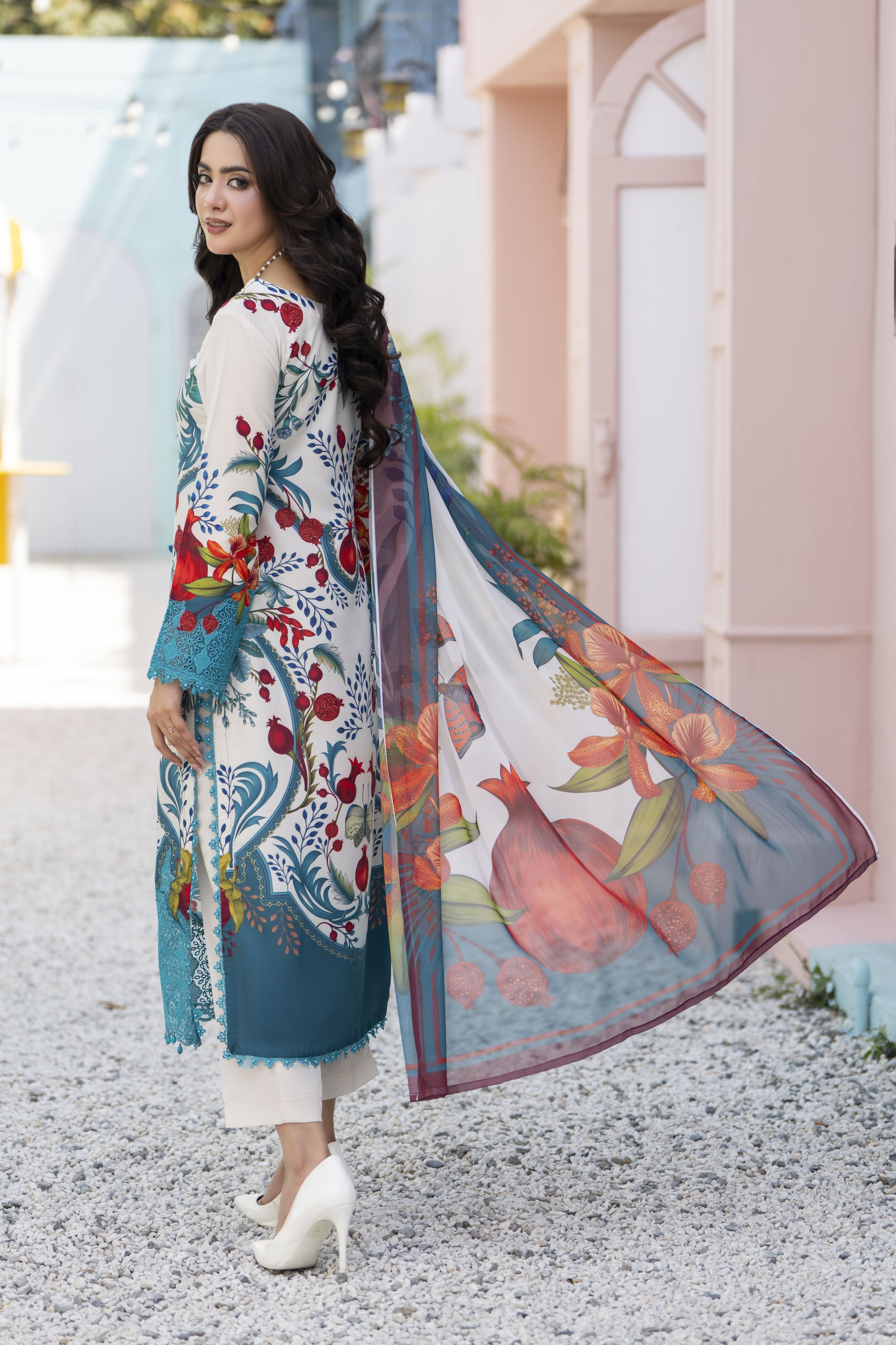 3pc Printed & Chikankari Embroidered Lawn Suit with Chiffon Dupatta RES10