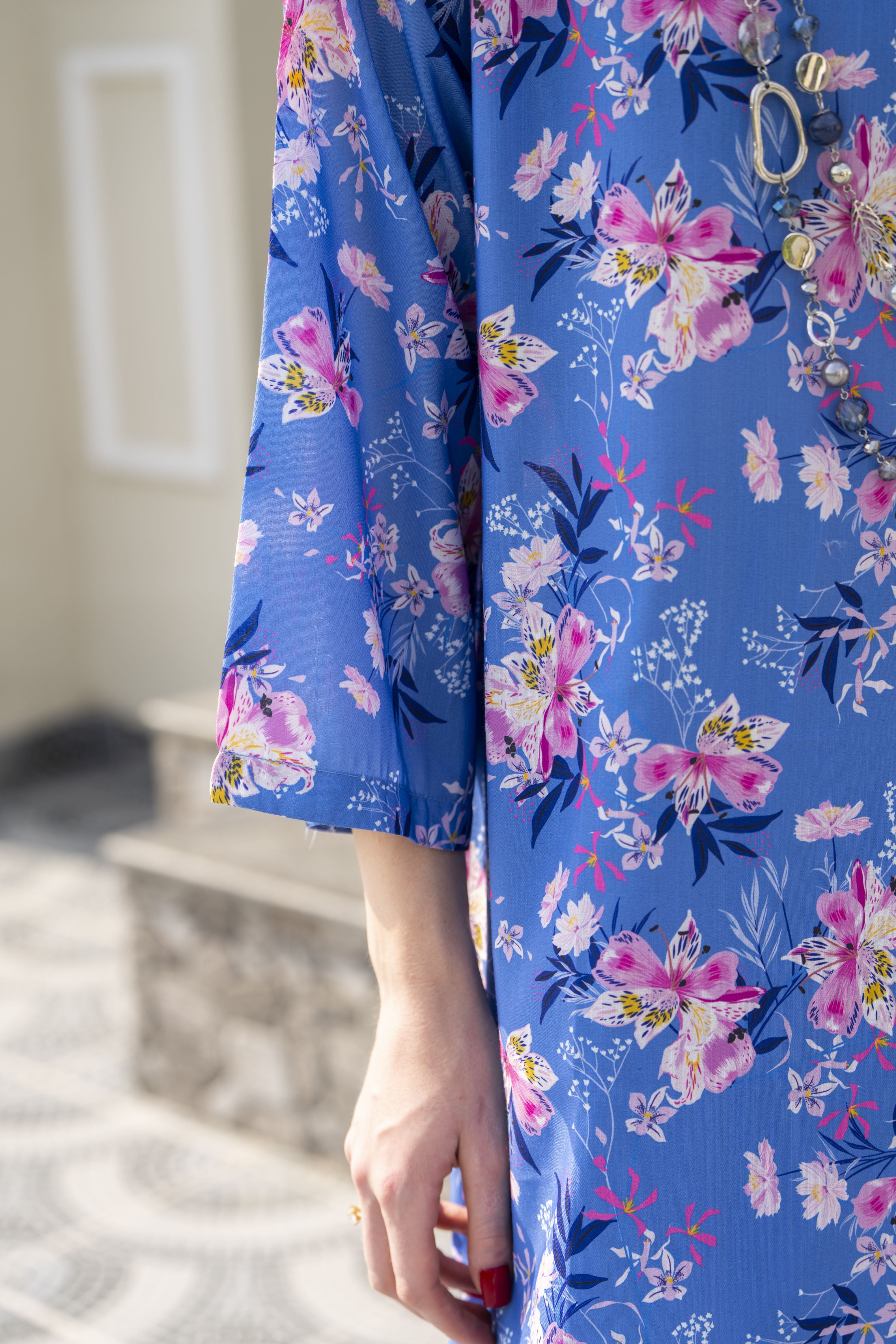 Sakeena Sheen Blue Multicolour Floral Printed Poly Raw Silk 2pc Kaftan – SHH4