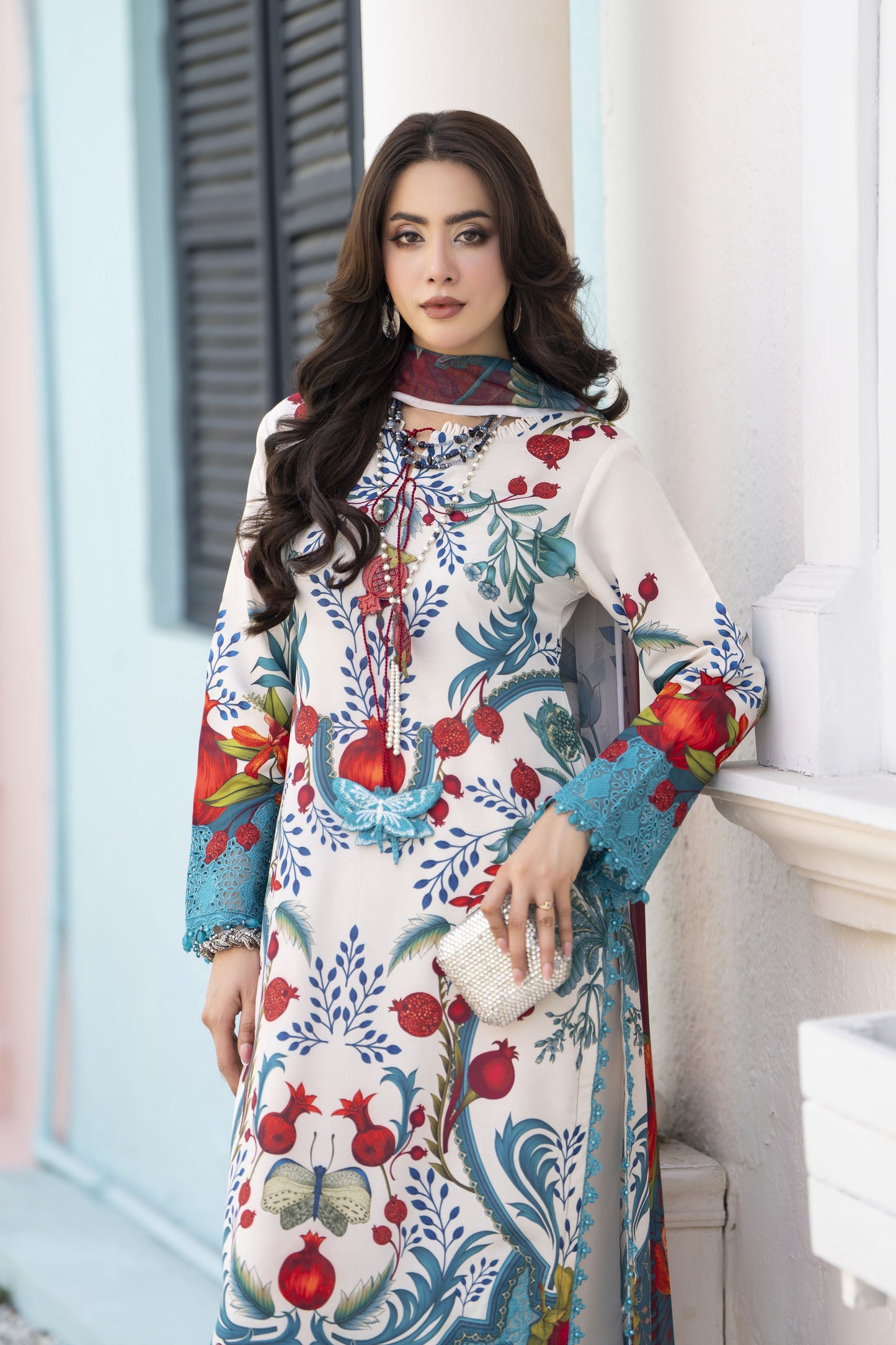 3pc Printed & Chikankari Embroidered Lawn Suit with Chiffon Dupatta RES10