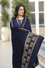 Navy Dhanak Long Dress and Multani Shawl by Gul Warun GSR4