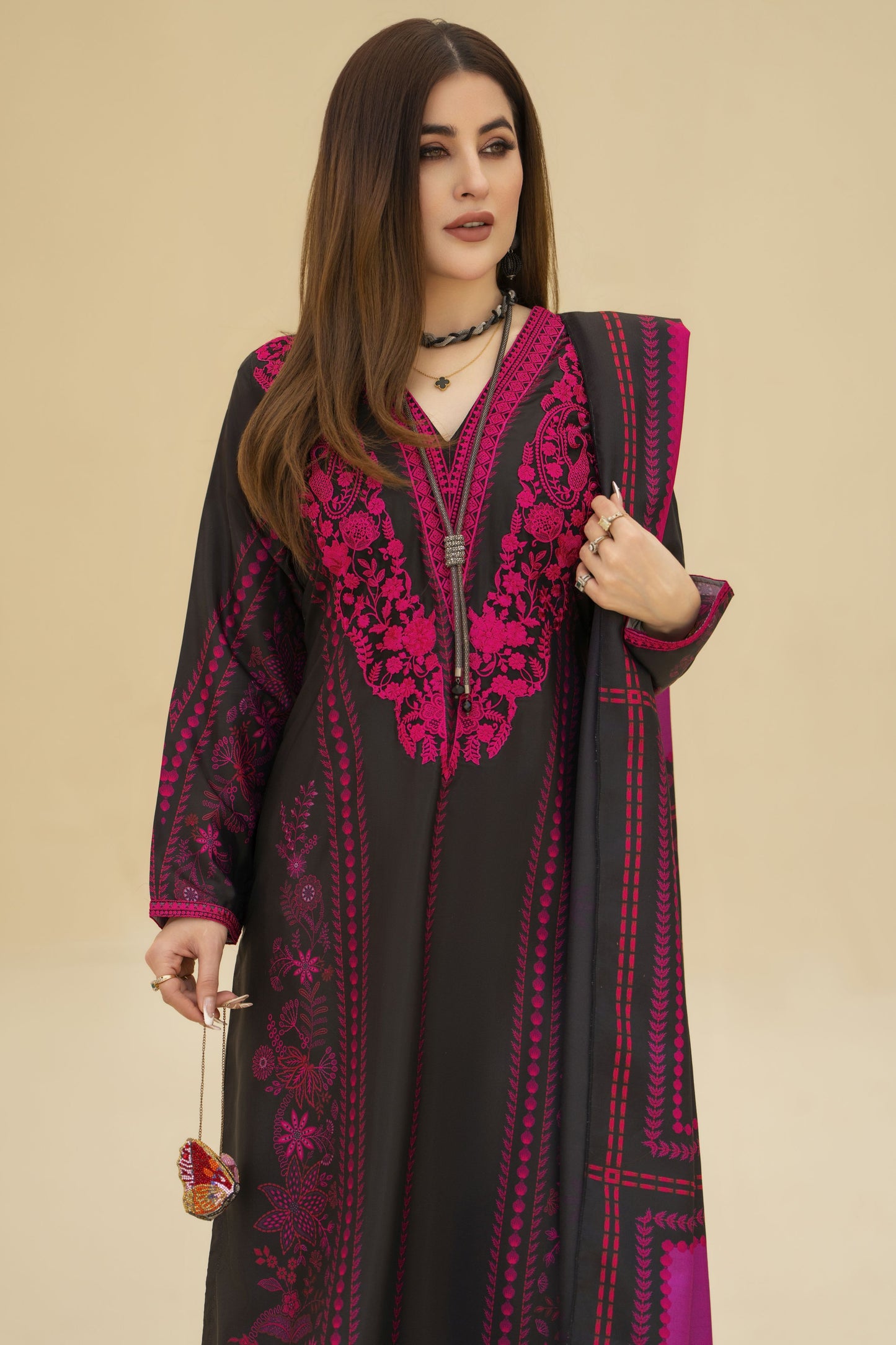 Zaiwa Winter Shawl – Embroidered Printed Grip 3pc Long Dress ZWS7