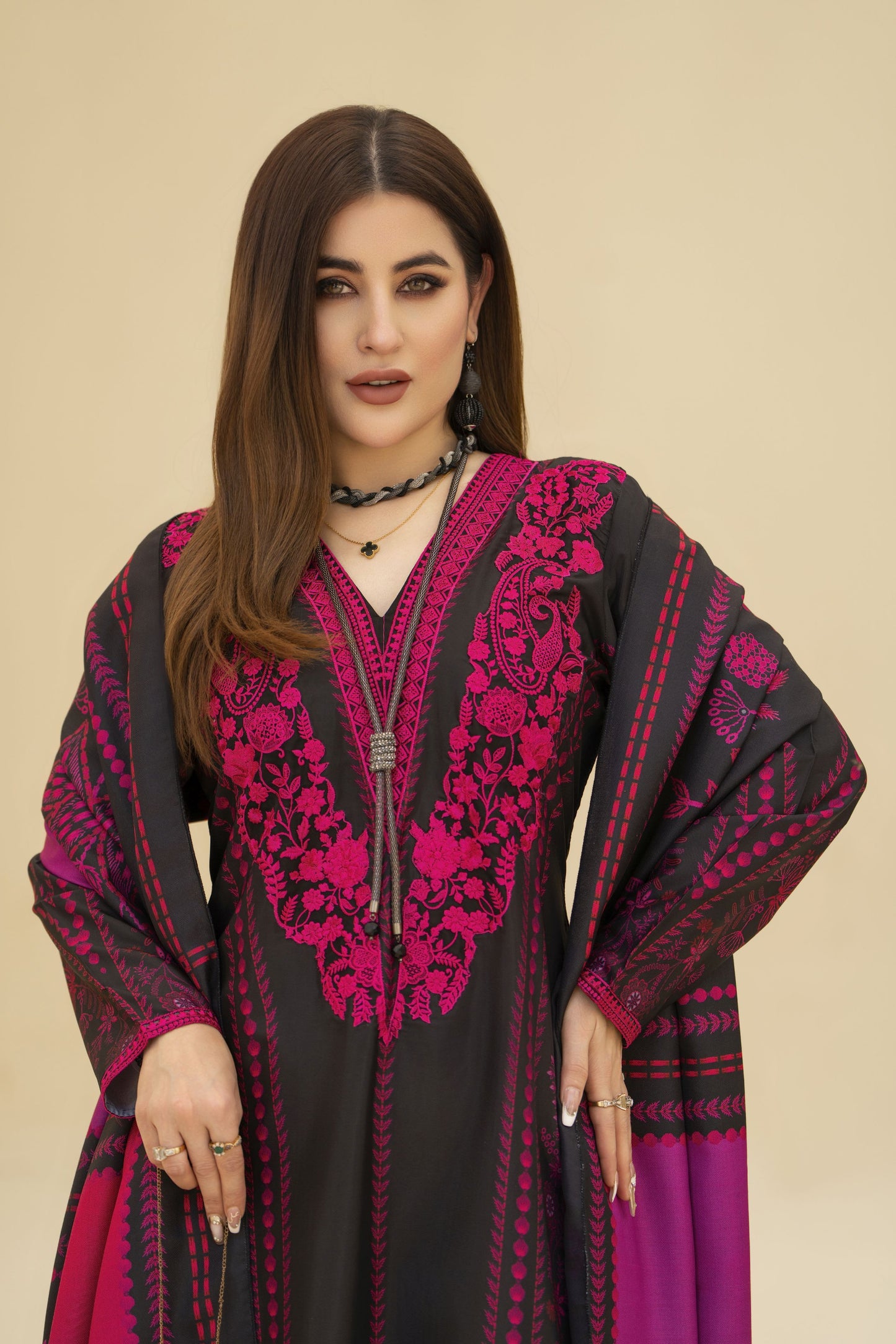 Zaiwa Winter Shawl – Embroidered Printed Grip 3pc Long Dress ZWS7