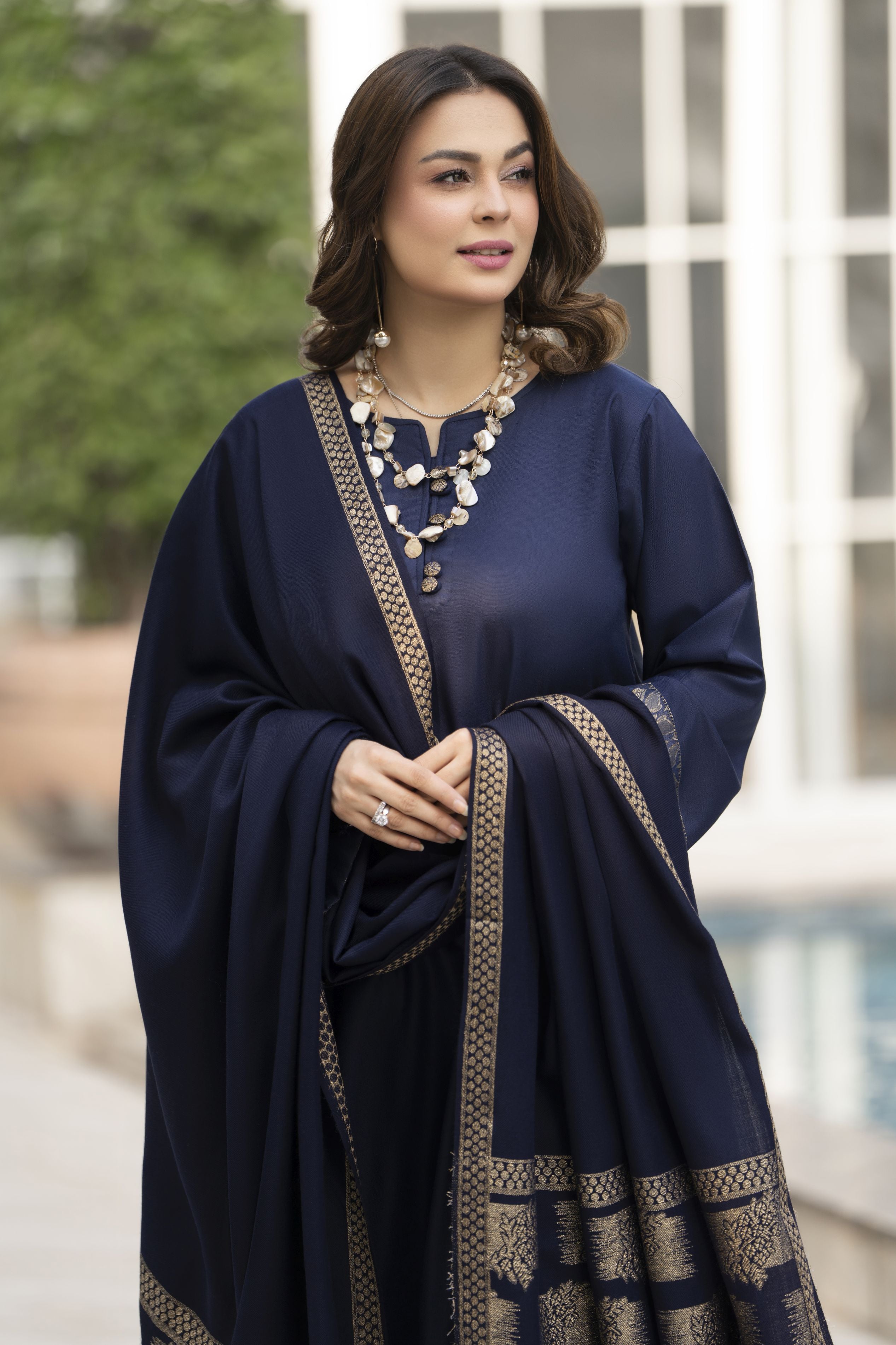 Navy Dhanak Long Dress and Multani Shawl by Gul Warun GSR4