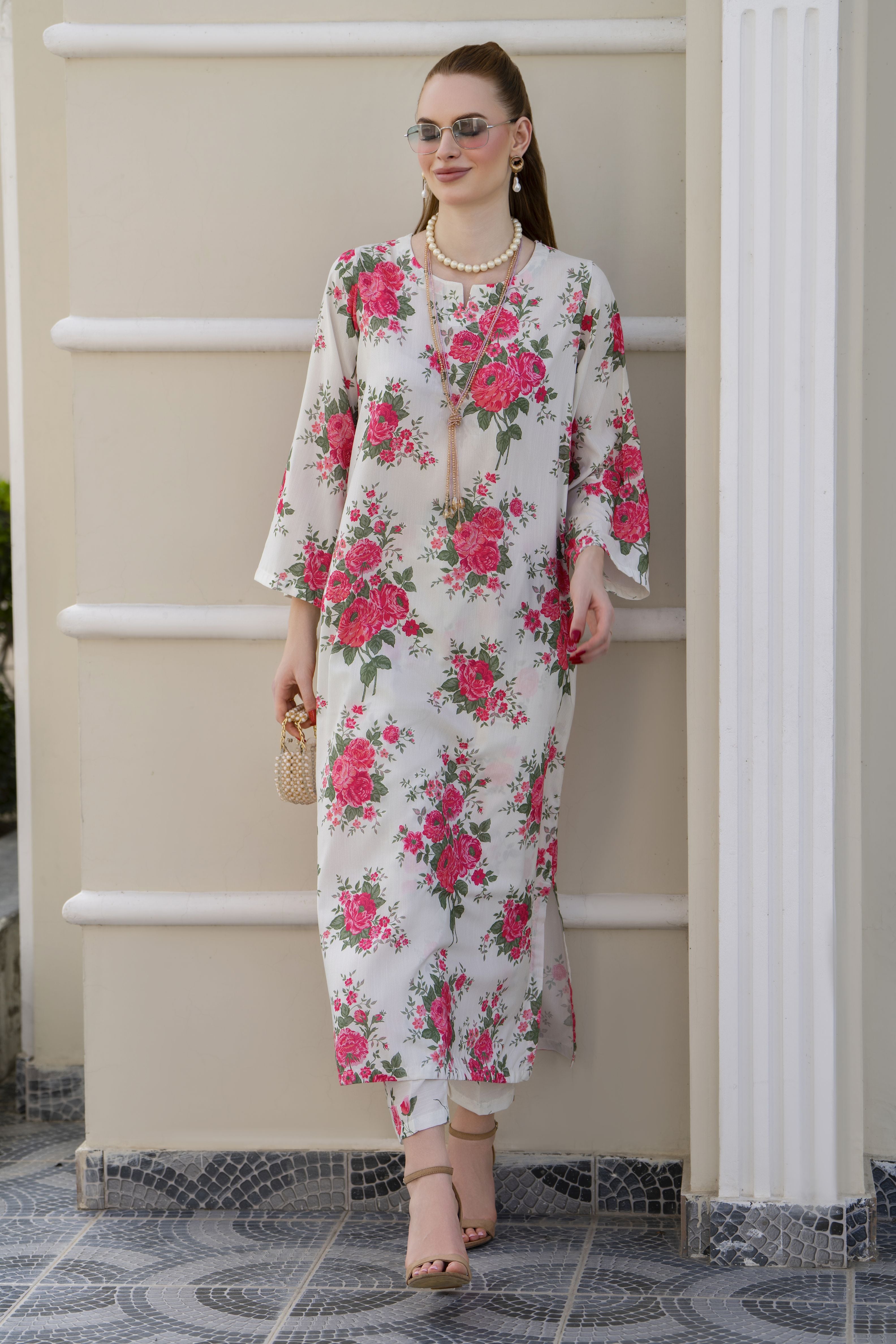 Sakeena Sheen Ivory Red Rose Printed Poly Raw Silk 2pc Kaftan – SHH7
